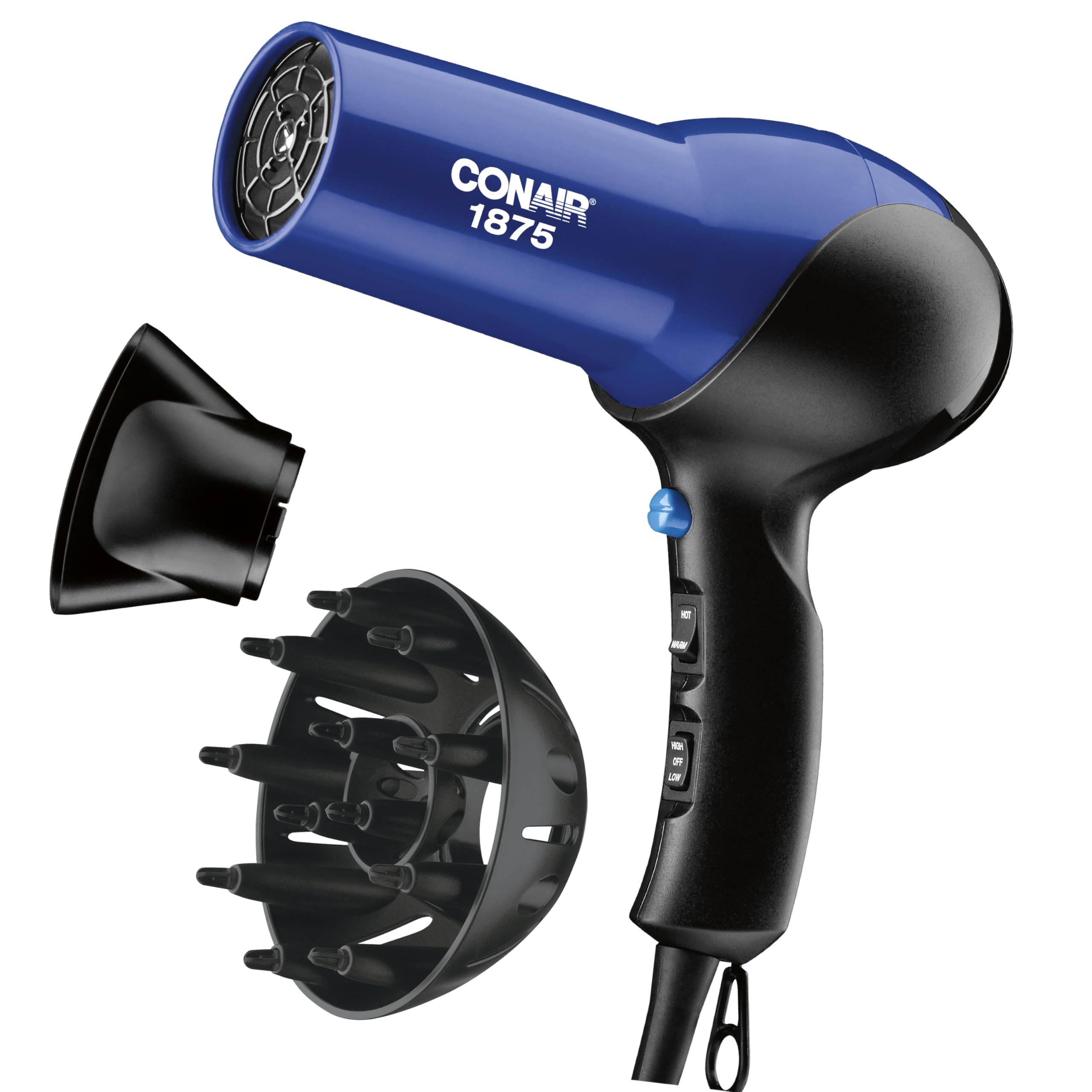 Conair hair dryer front view shows blue-black design for fast styling.