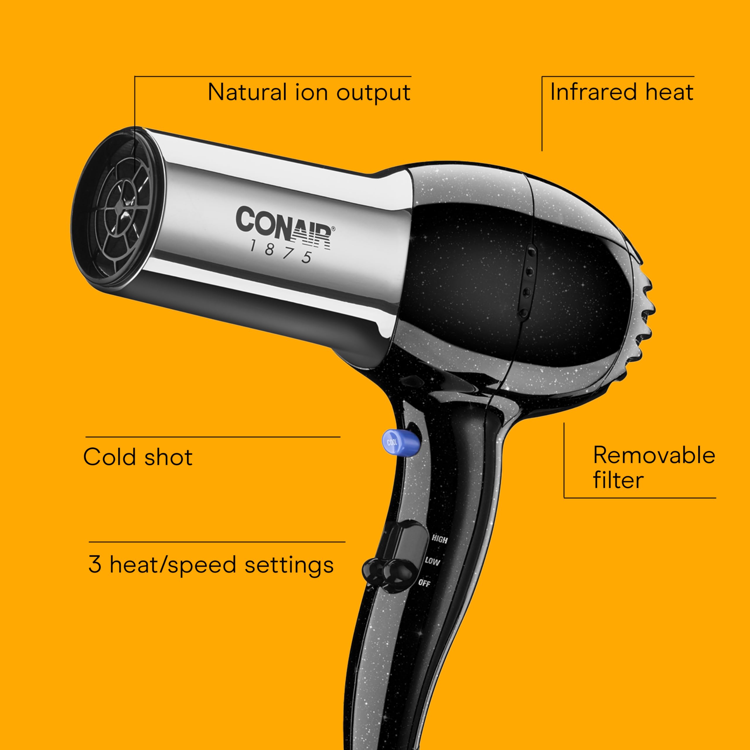 Conair hair dryer ionic-conditioning for smoother, frizz-free hair.