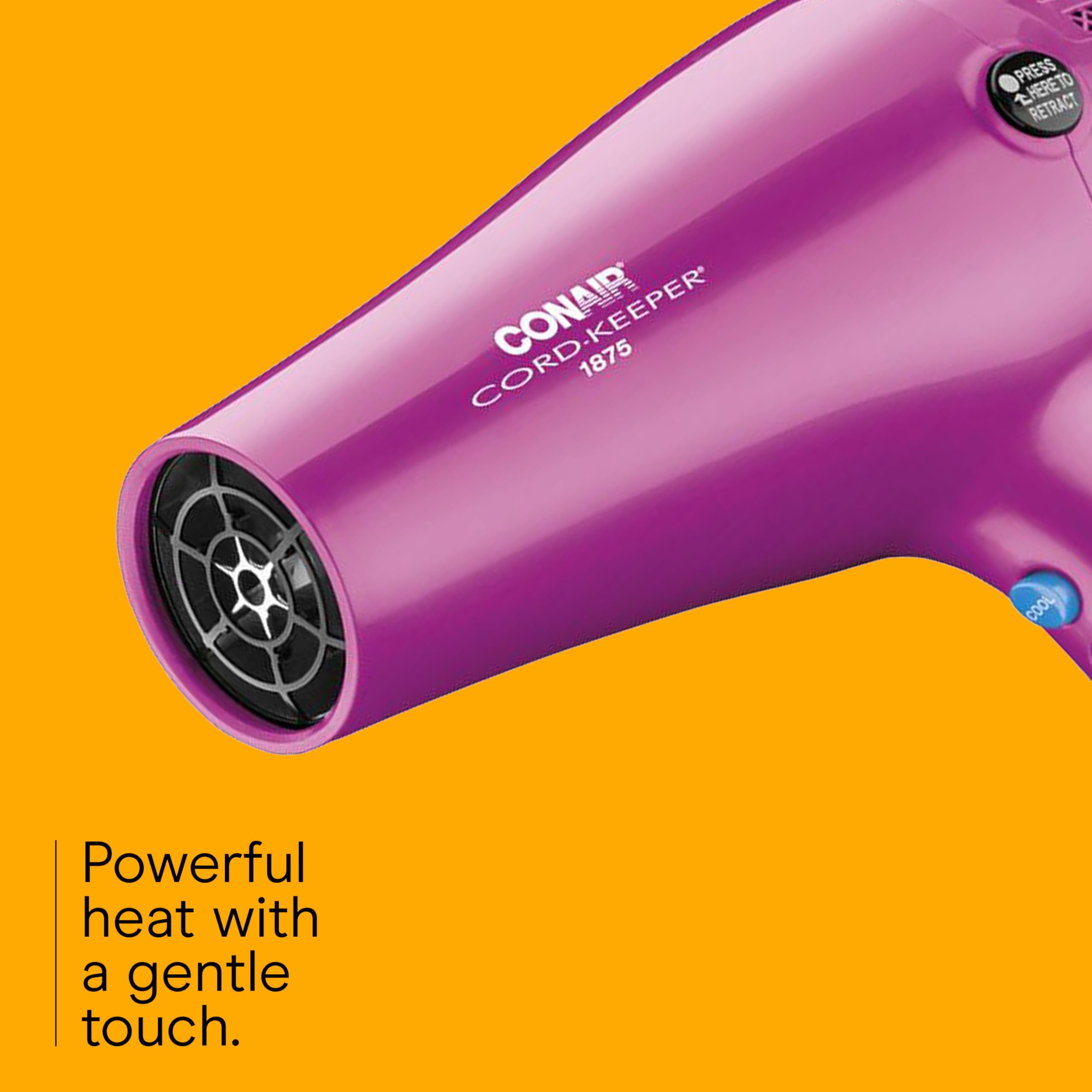 Conair with ionic tourmaline ceramic technology dries hair quickly with reduced frizz.