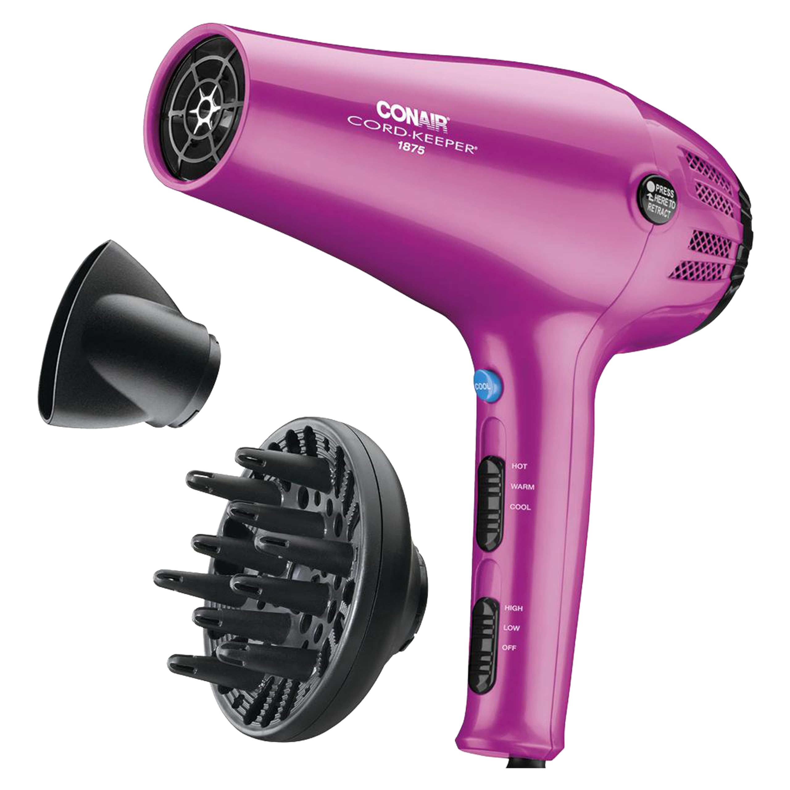 Conair hair dryer with retractable cord for clutter-free storage and easy packing.