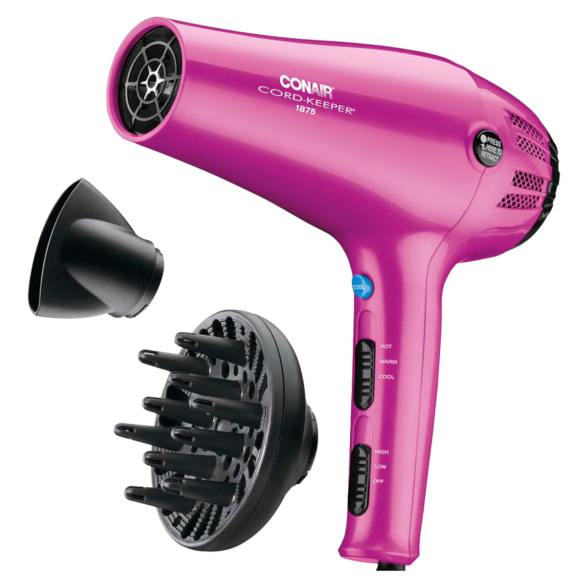 Conair hair dryer with retractable cord for clutter-free storage and easy packing.