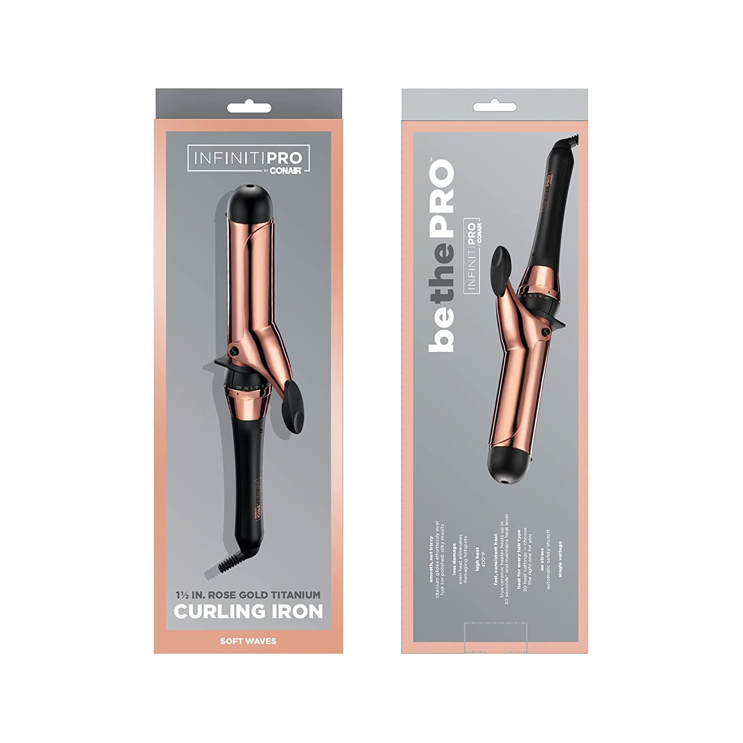 Conair INFINITIPRO Rose Gold Titanium curling iron delivers high heat up to 400°F for defined curls.