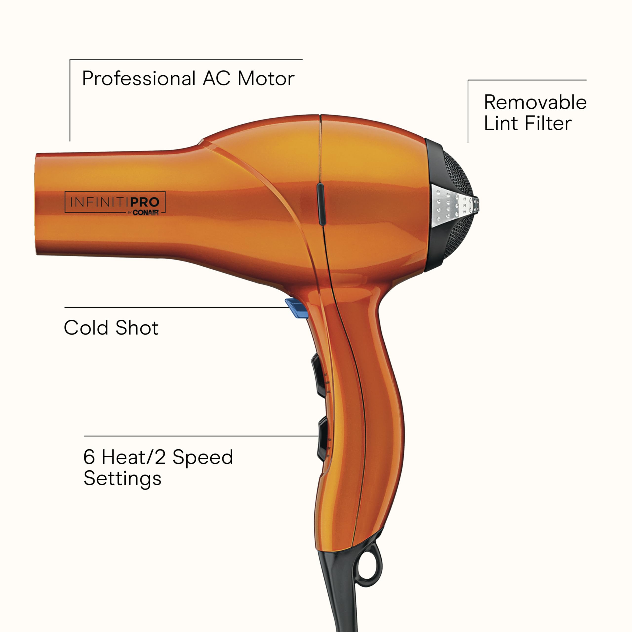 Diffuser attachment enhances curls with volume and definition on the Infiniti Pro.