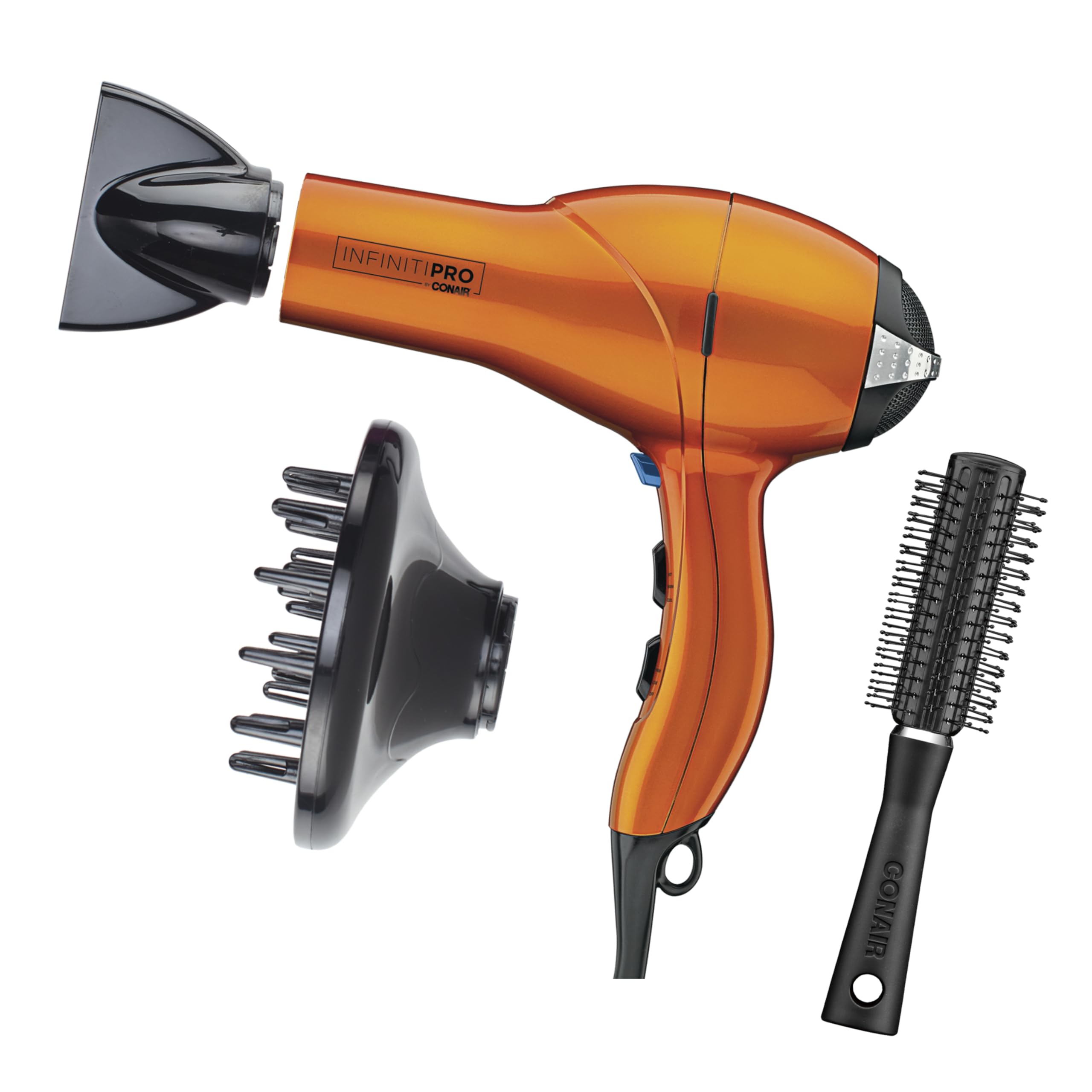 Conair Infiniti Pro hair dryer front view in orange for powerful results.