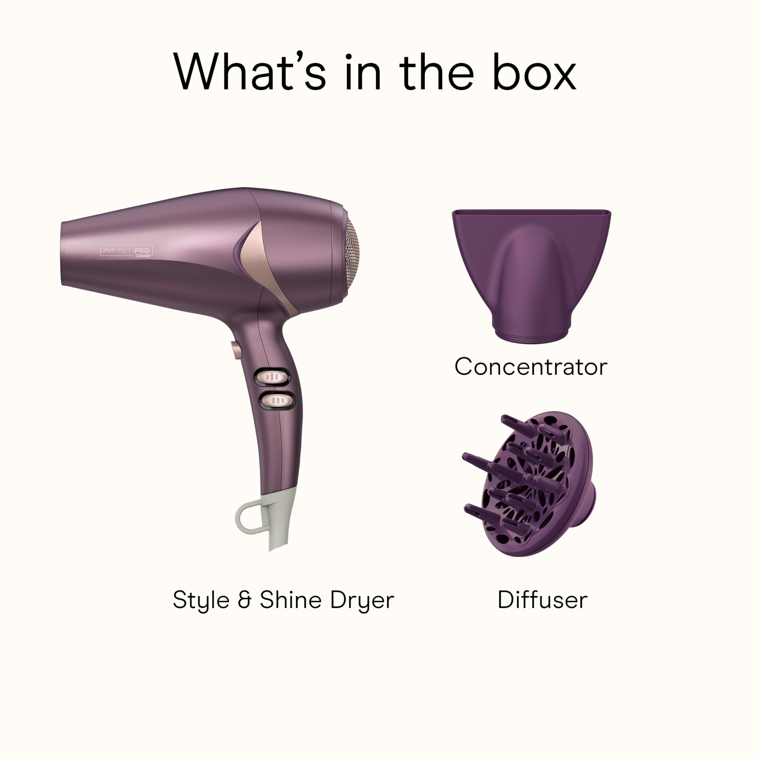 Conair Infiniti Pro Style & Shine dryer purple color adds vibrant, salon-ready vibes.