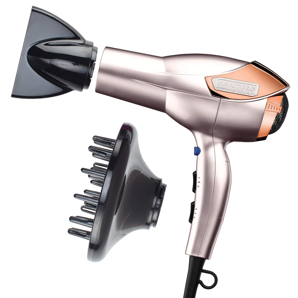 Conair InfinitiPRO rose gold dryer front view for fast, smooth drying