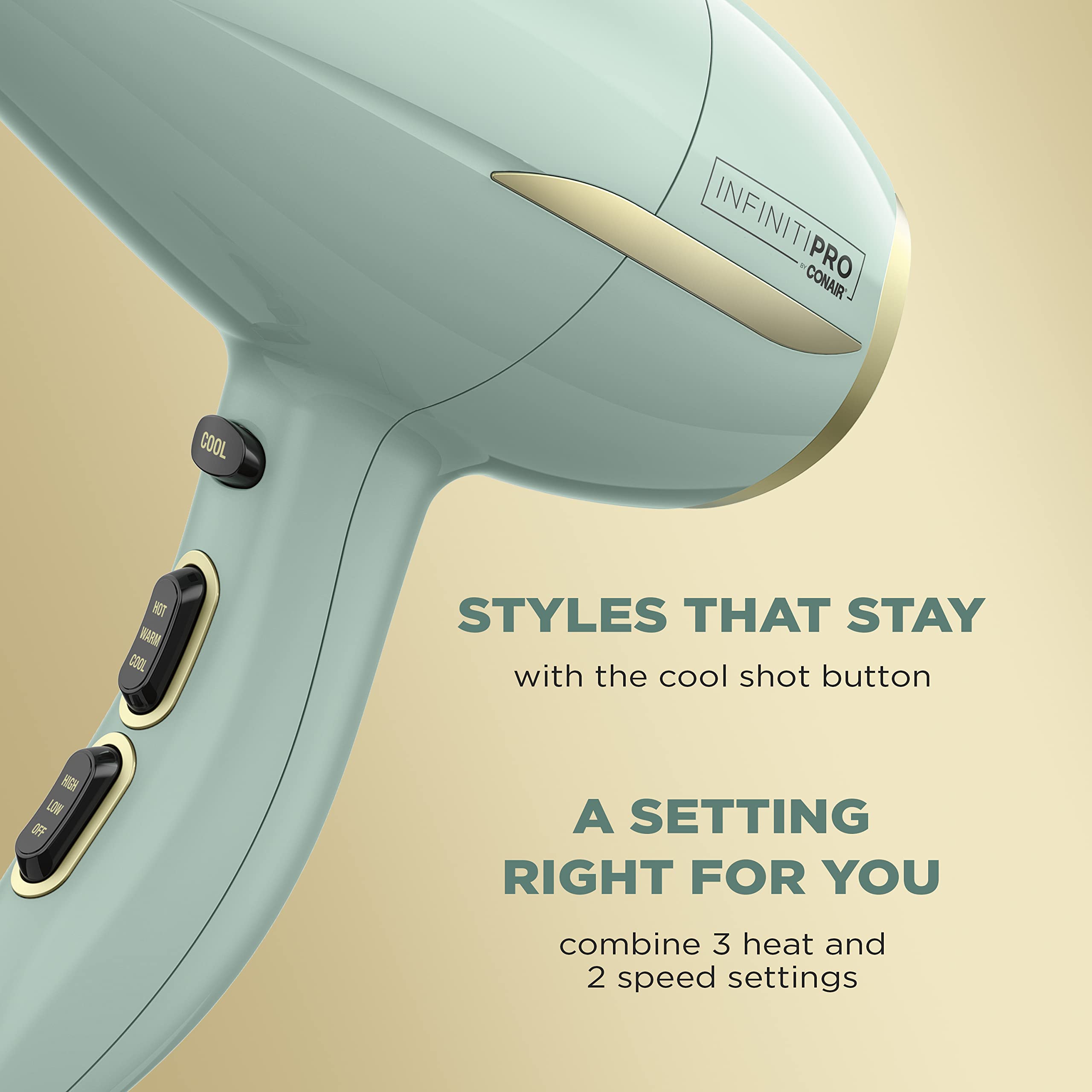 Conair InfinitiPRO Dryer highlights ionic technology for frizz control and shine.