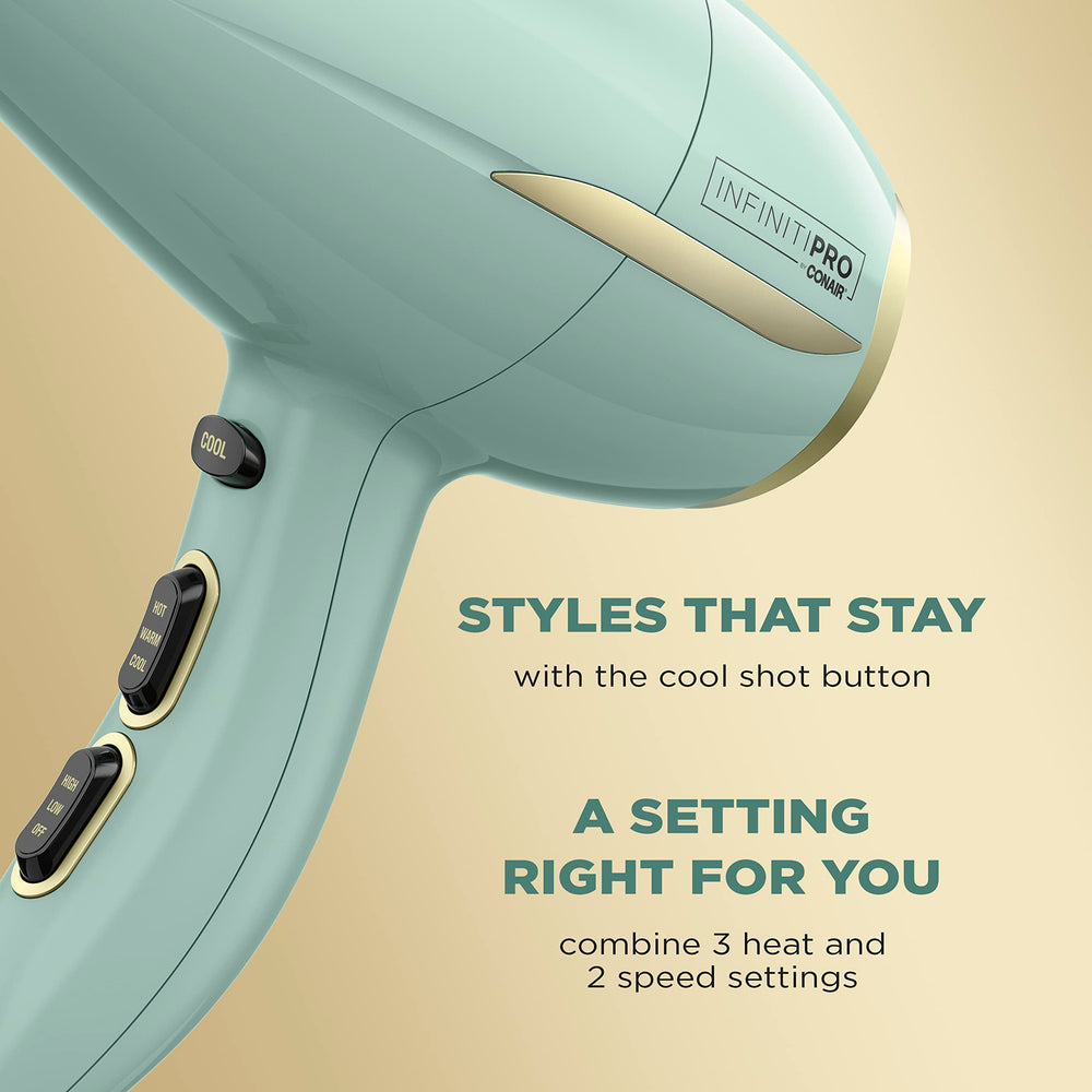 Conair InfinitiPRO Dryer highlights ionic technology for frizz control and shine.