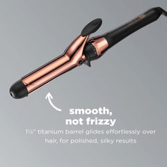 Rose gold titanium curling iron heats up in 30 seconds for quick styling.