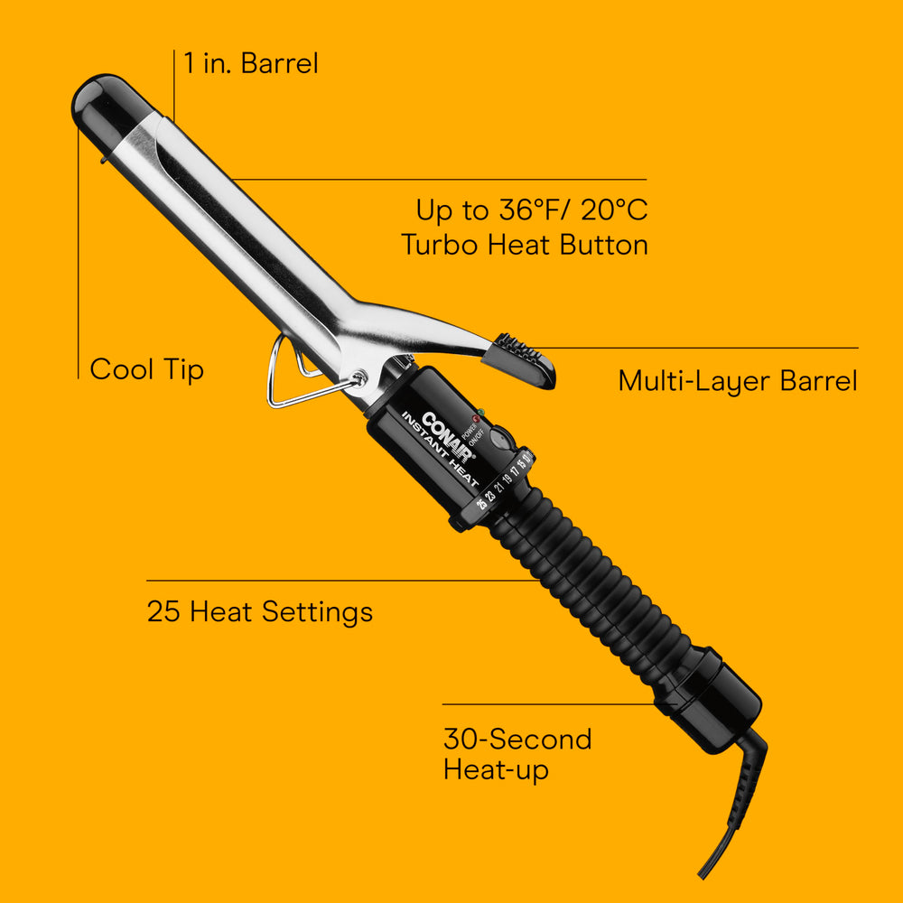 Conair Instant Heat curling iron heat settings display enables versatile styling.