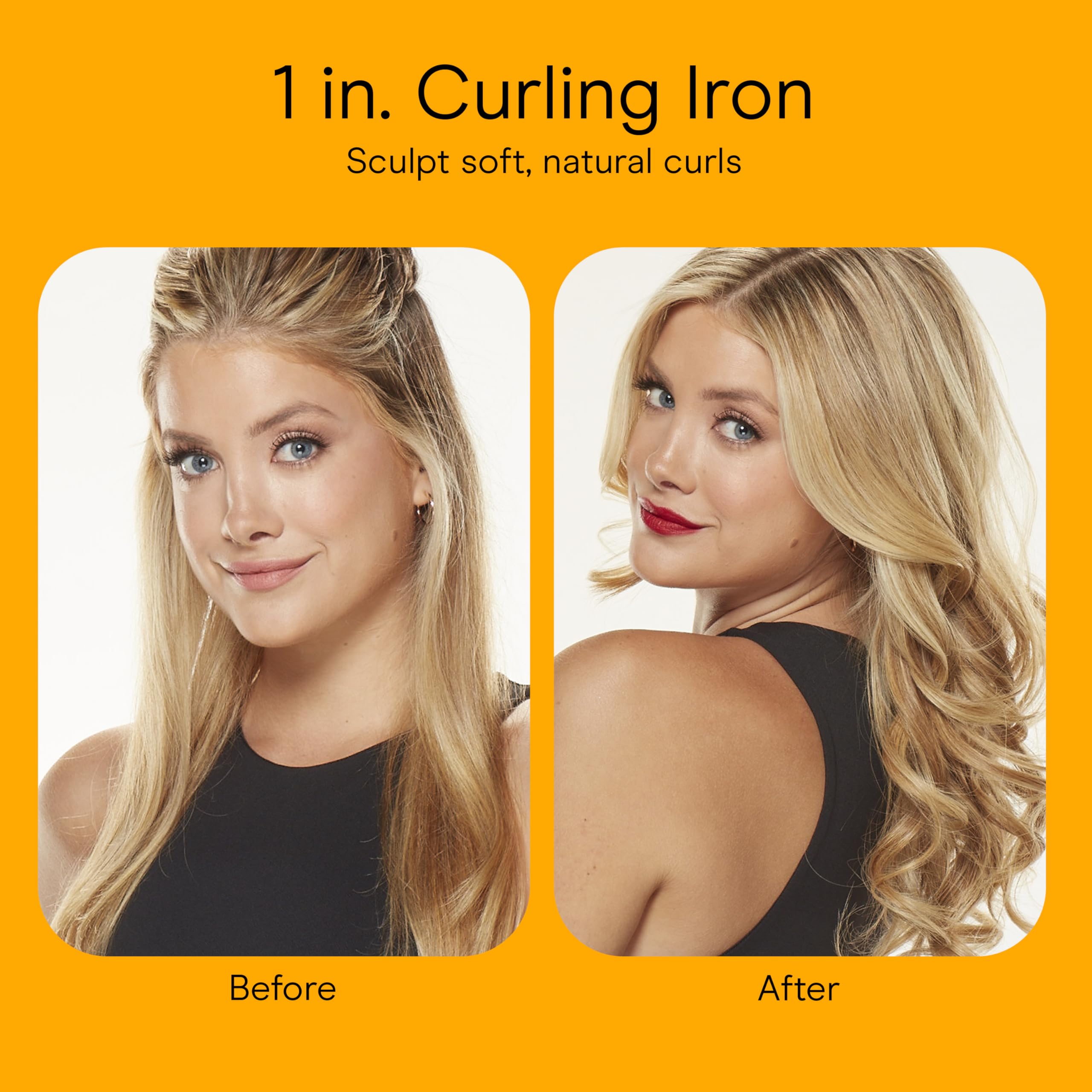Conair Instant Heat curling iron in-use shot shows classic curls in action.