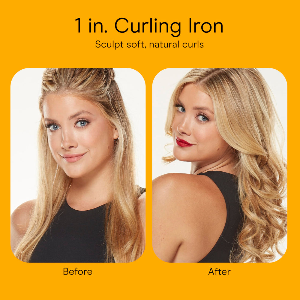 Conair Instant Heat curling iron in-use shot shows classic curls in action.