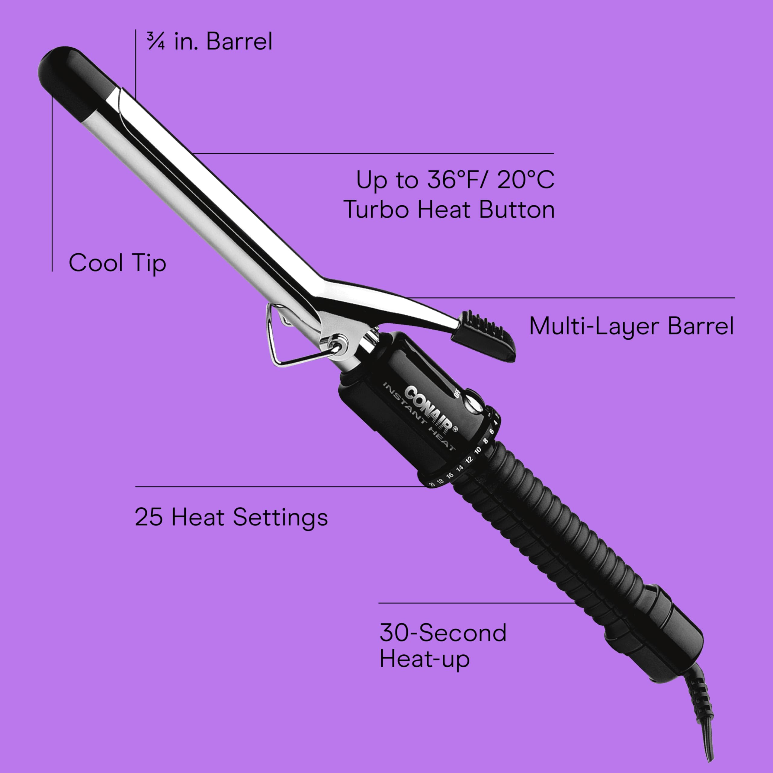 Conair Instant Heat curling iron heat settings dial enables precise styling