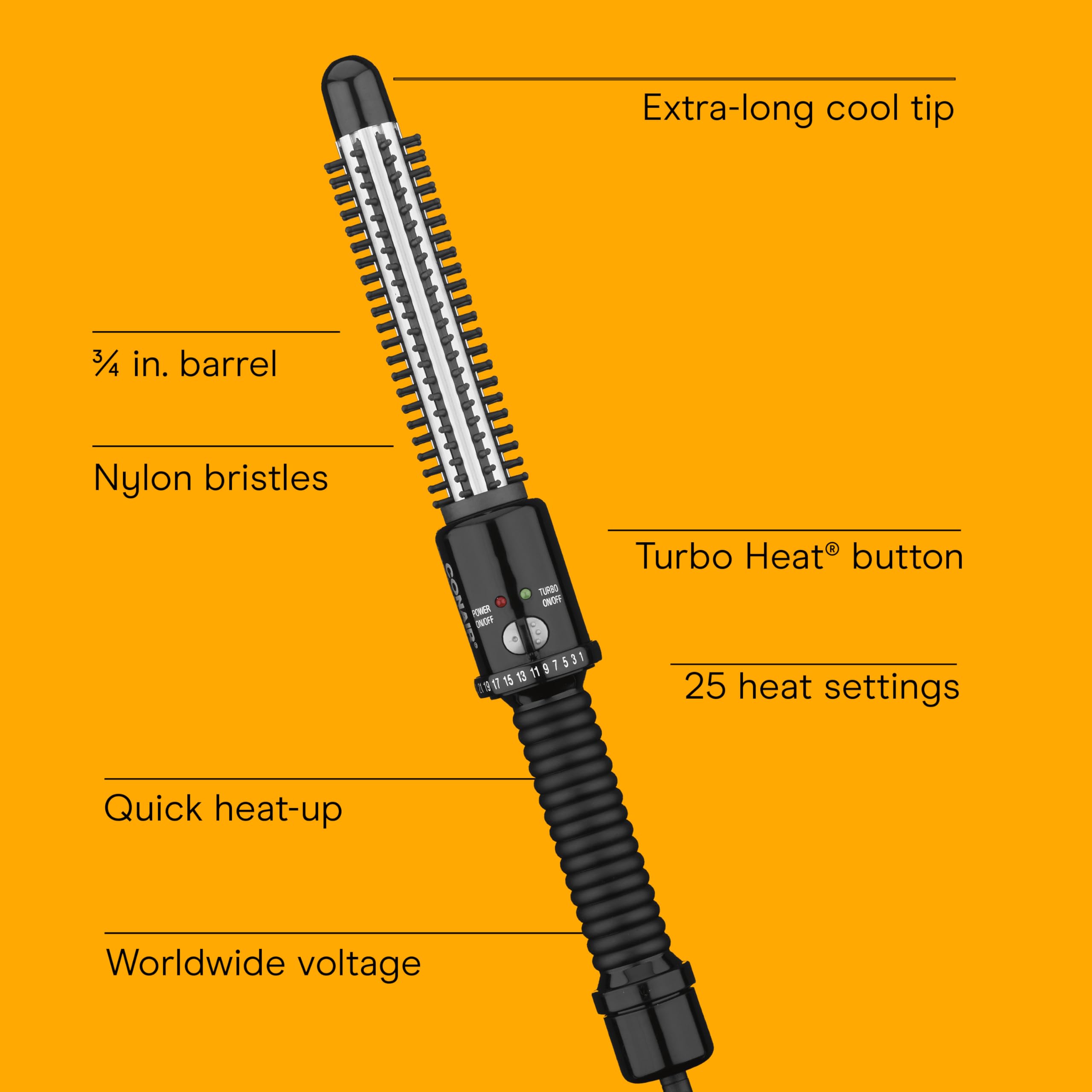 Conair Instant Heat Curling Iron Brush barrel close-up showing 3/4-inch barrel