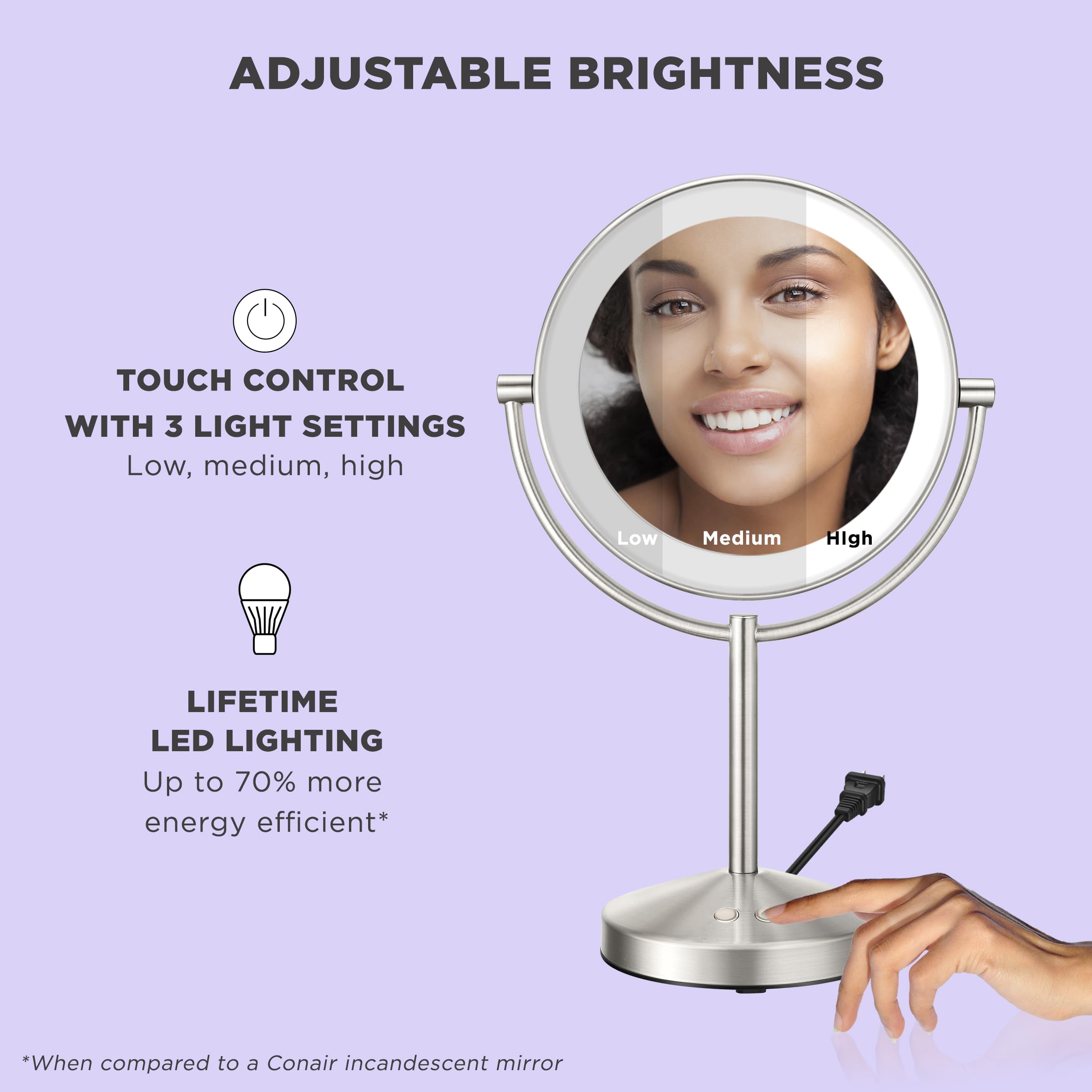 Conair lighted makeup mirror showing 360-degree rotation for easy angle changes.