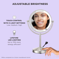Conair lighted makeup mirror showing 360-degree rotation for easy angle changes.