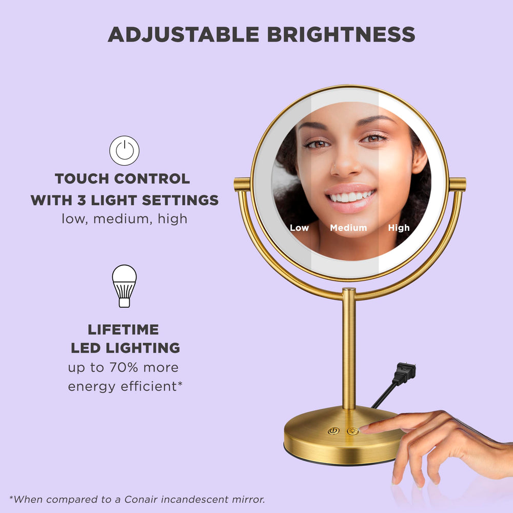 Conair Lighted Makeup Mirror with brushed-brass finish offers stylish vanity illumination.
