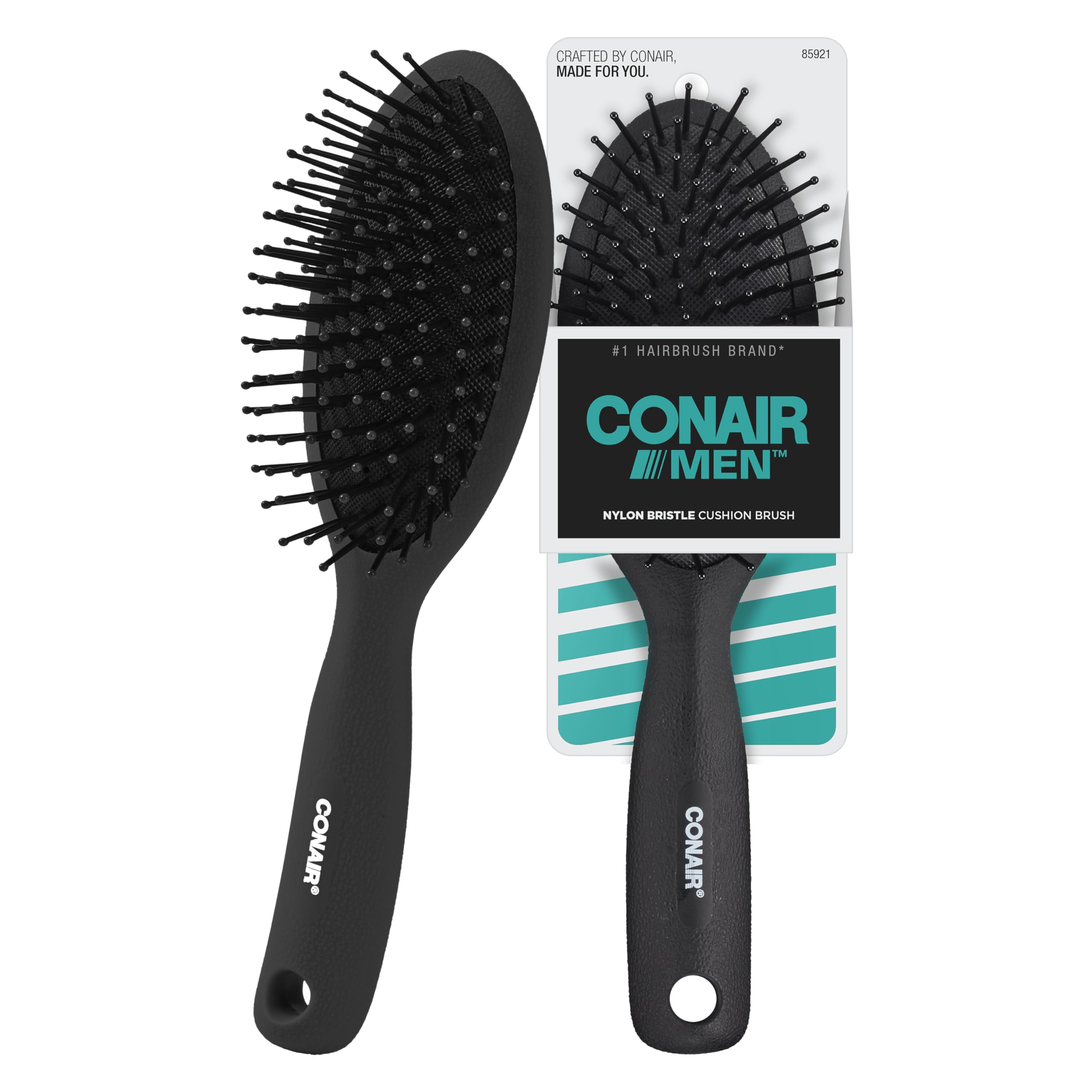 Conair Men brush with ball-tipped bristles for gentle detangling and comfort.