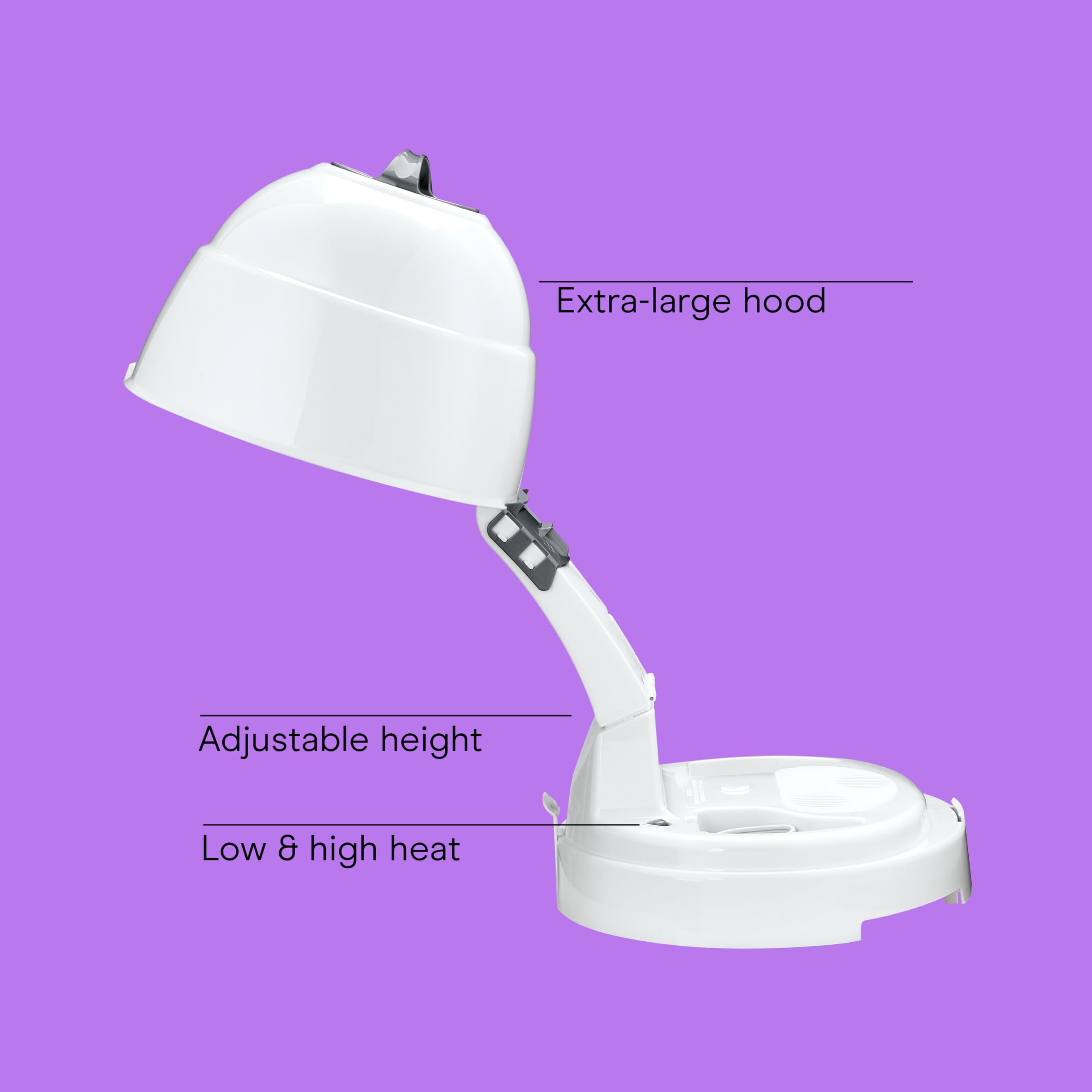 Extra-large hood fits jumbo rollers for volume and setting curls