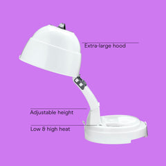 Extra-large hood fits jumbo rollers for volume and setting curls