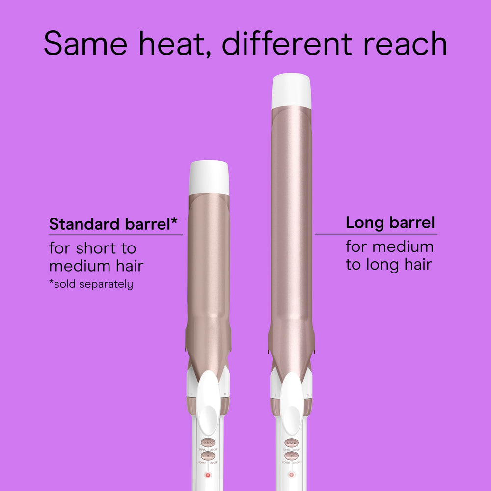 Conair rose-gold white curling iron with extra-long-barrel design enables soft, flexible curls.