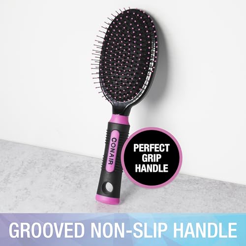 Conair Salon Results Hairbrush in pink and black shows ergonomic grip for comfortable styling.