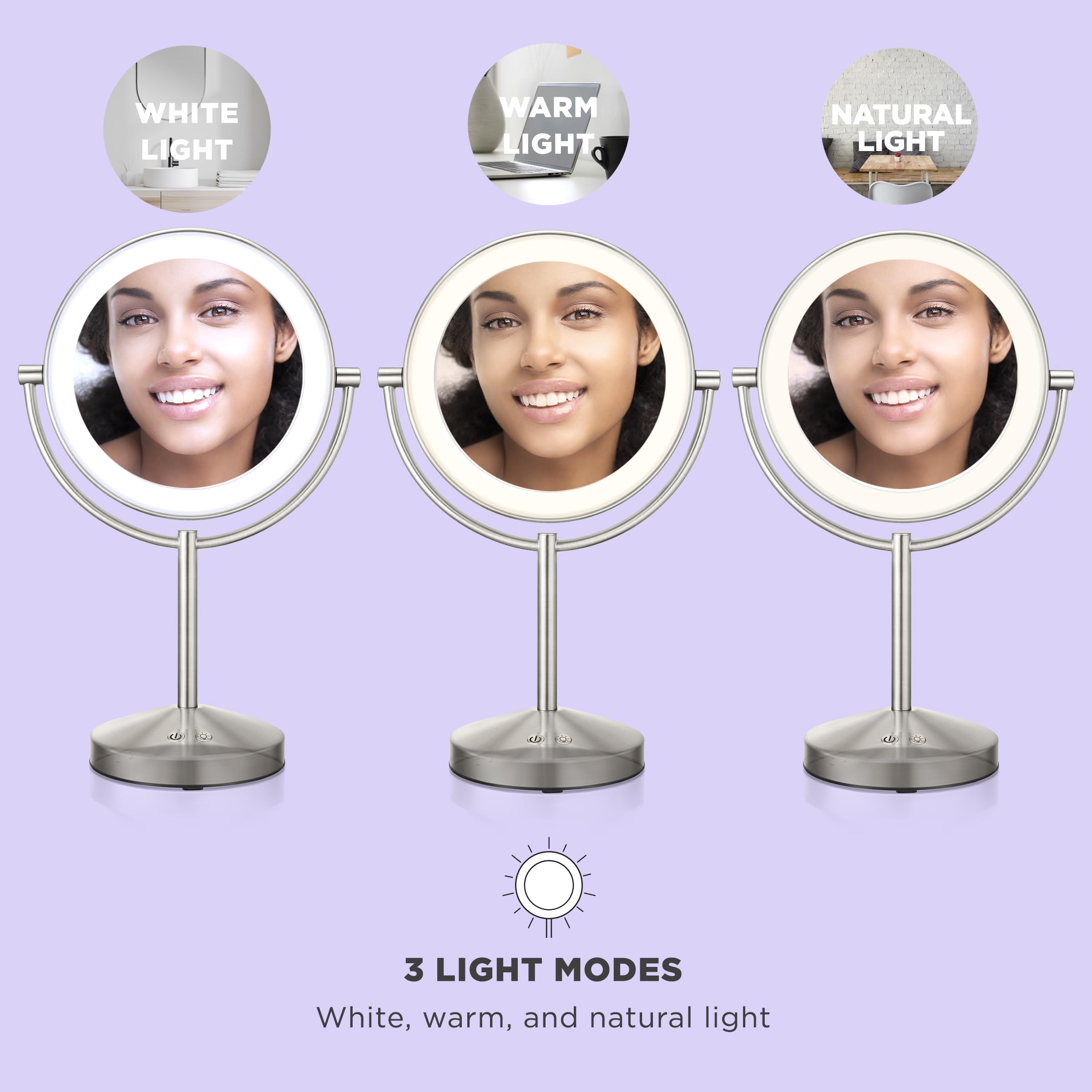 Conair satin nickel finish makeup mirror adds modern style to any vanity.