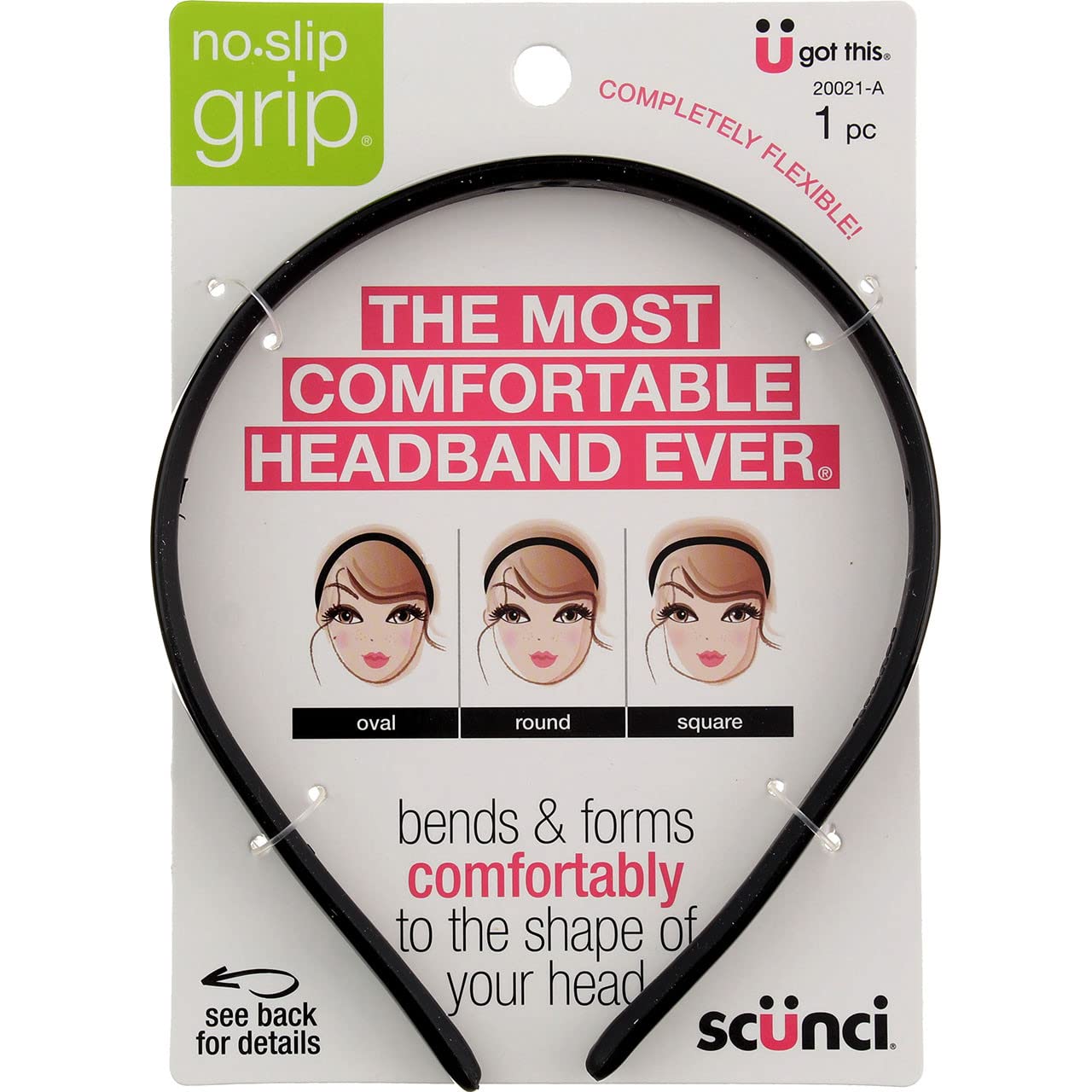 Conair Scunci bendable headband closeup no-slip grip highlights flexible, comfortable fit.