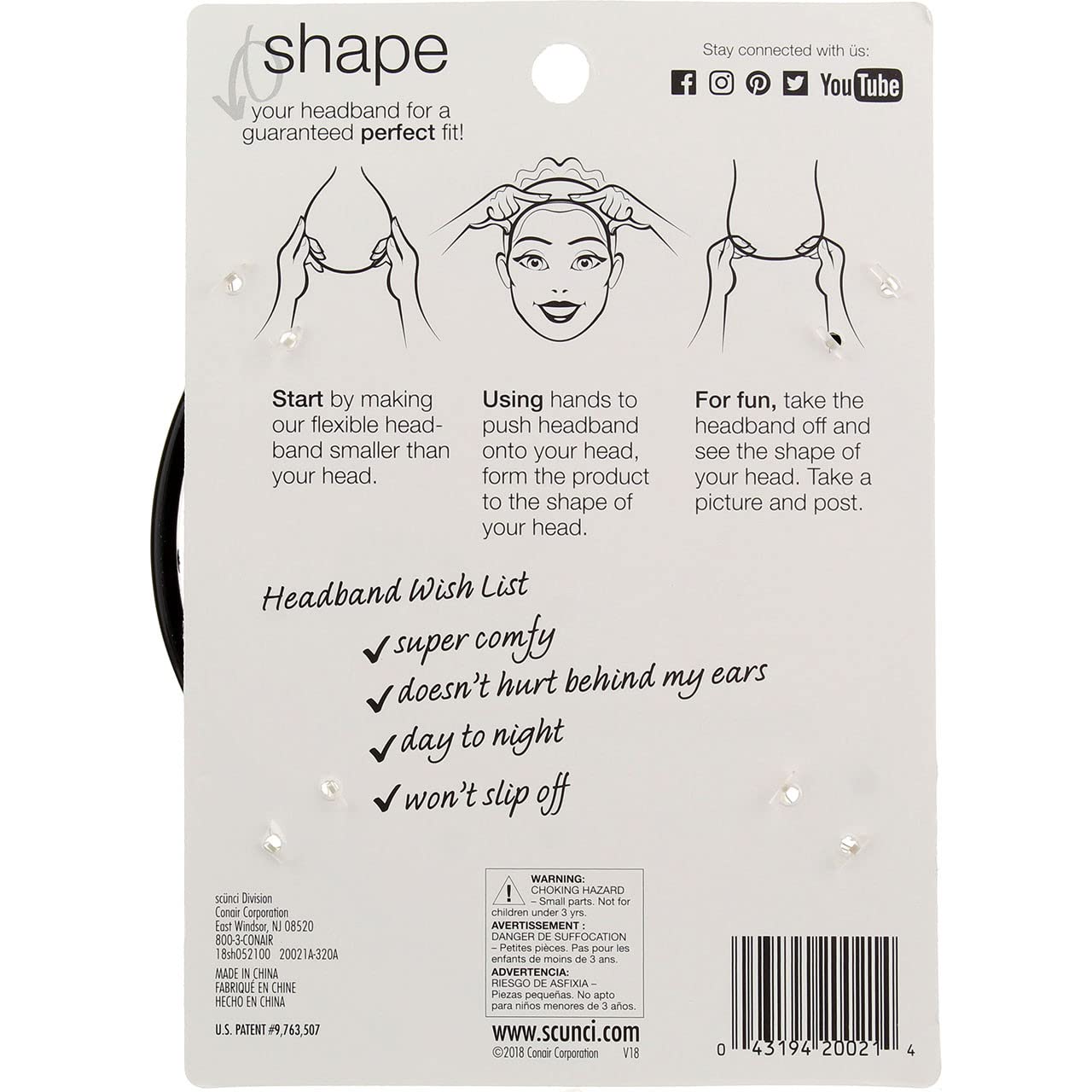 Conair Scunci headband in use for hair styling shows secure, hands-free setup.