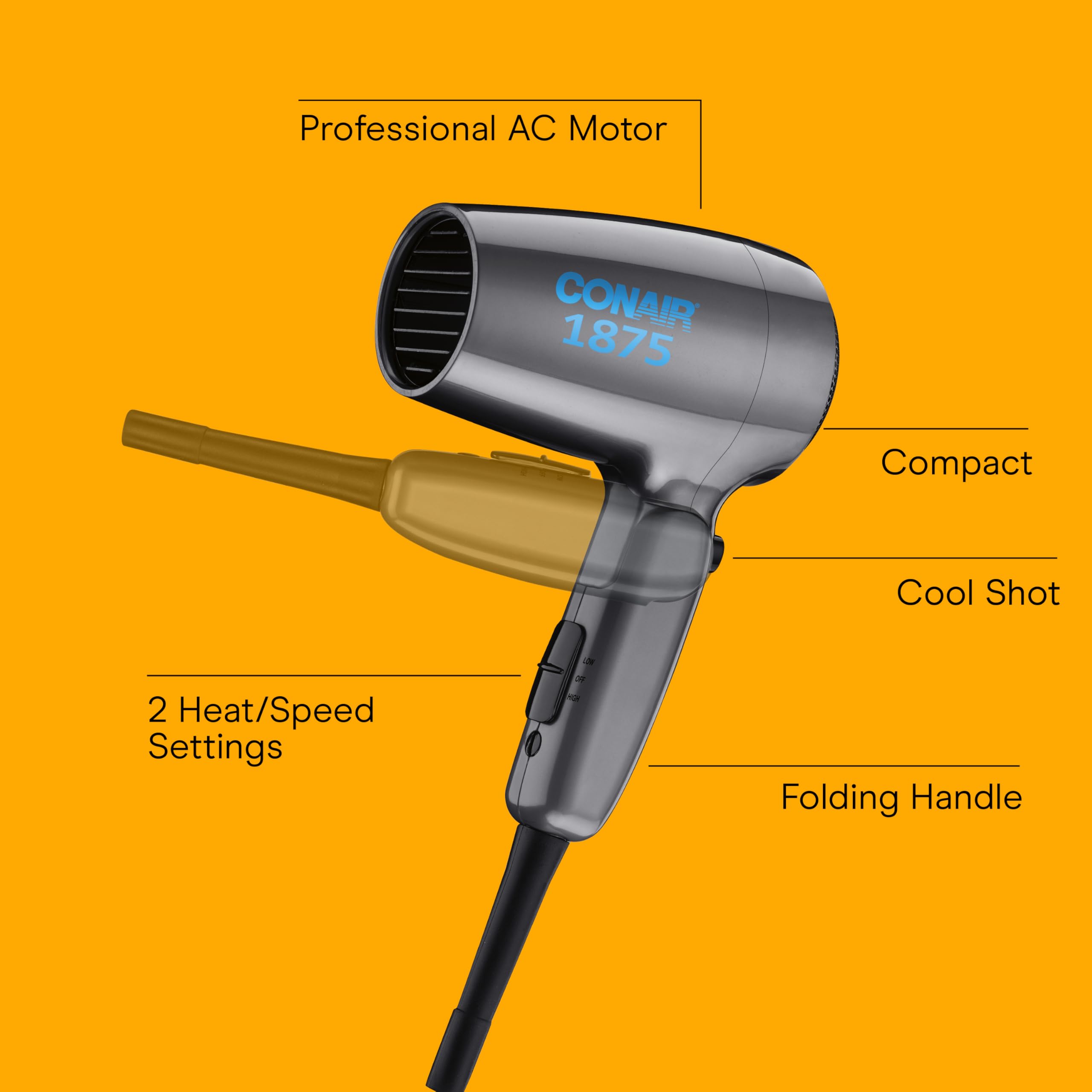 Conair travel dryer 2 heat and 2 speed settings for customization.