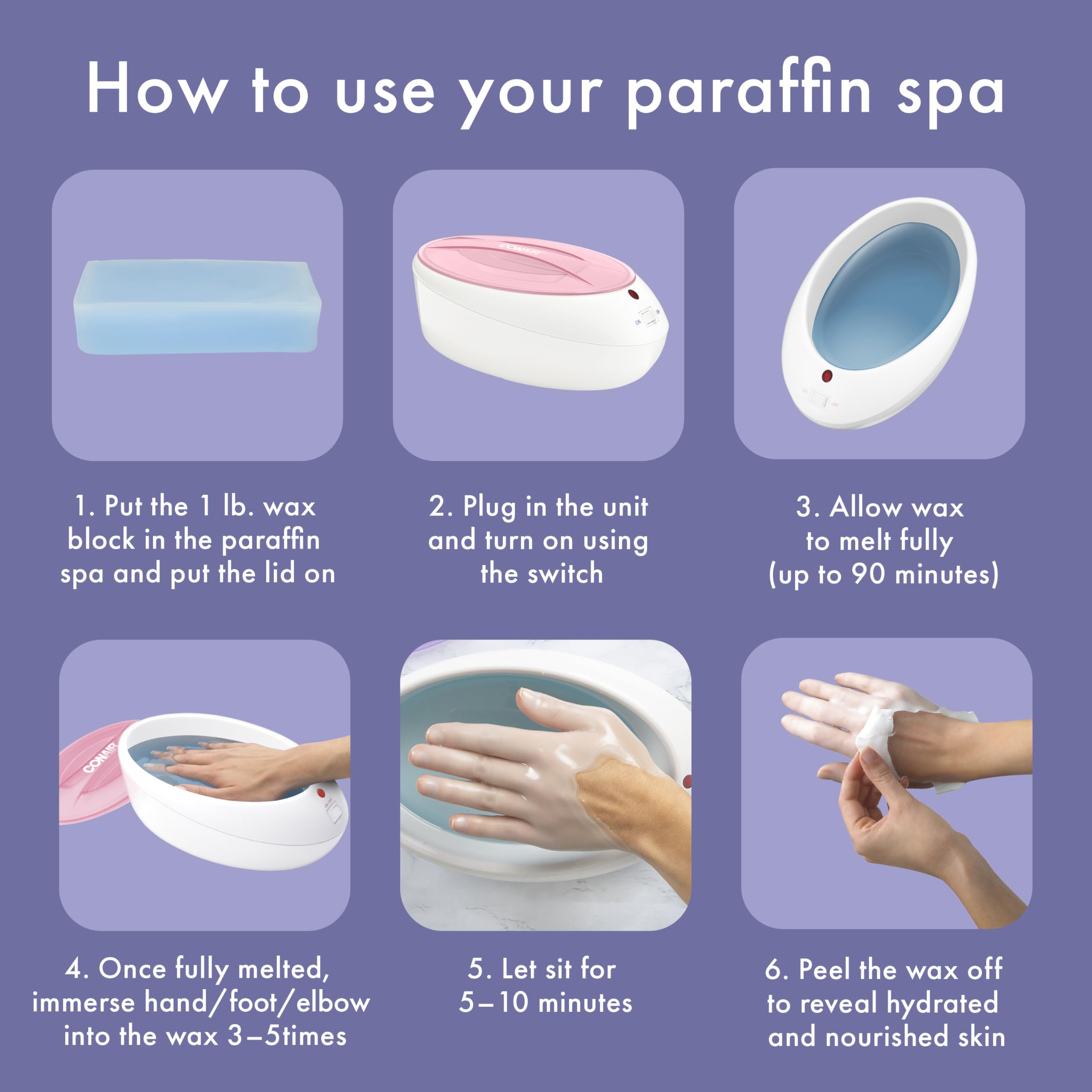 Hands and elbows dipped in warm wax during a relaxing session.