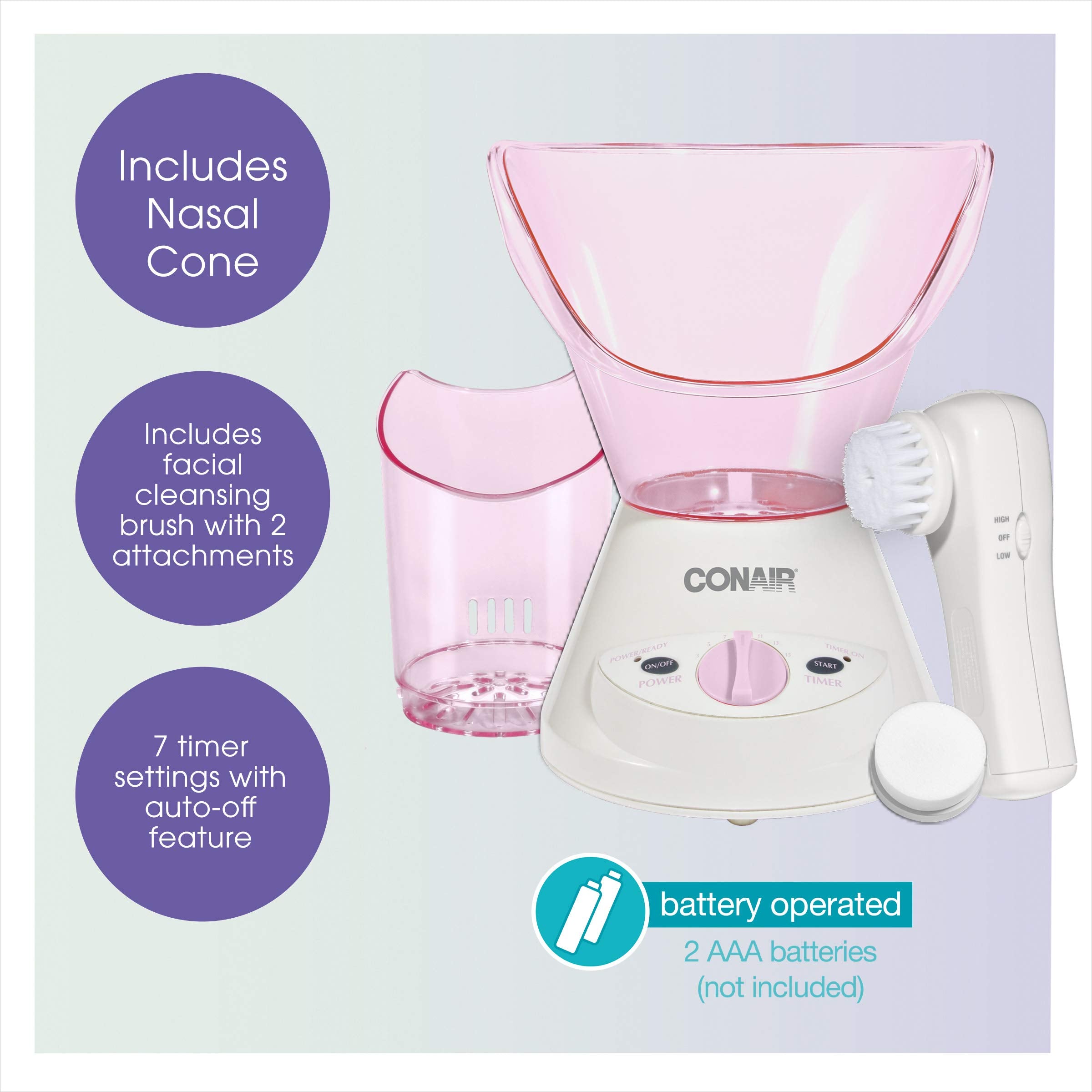 Conair True Glow nasal concentrator enables focused steam for deeper cleansing.
