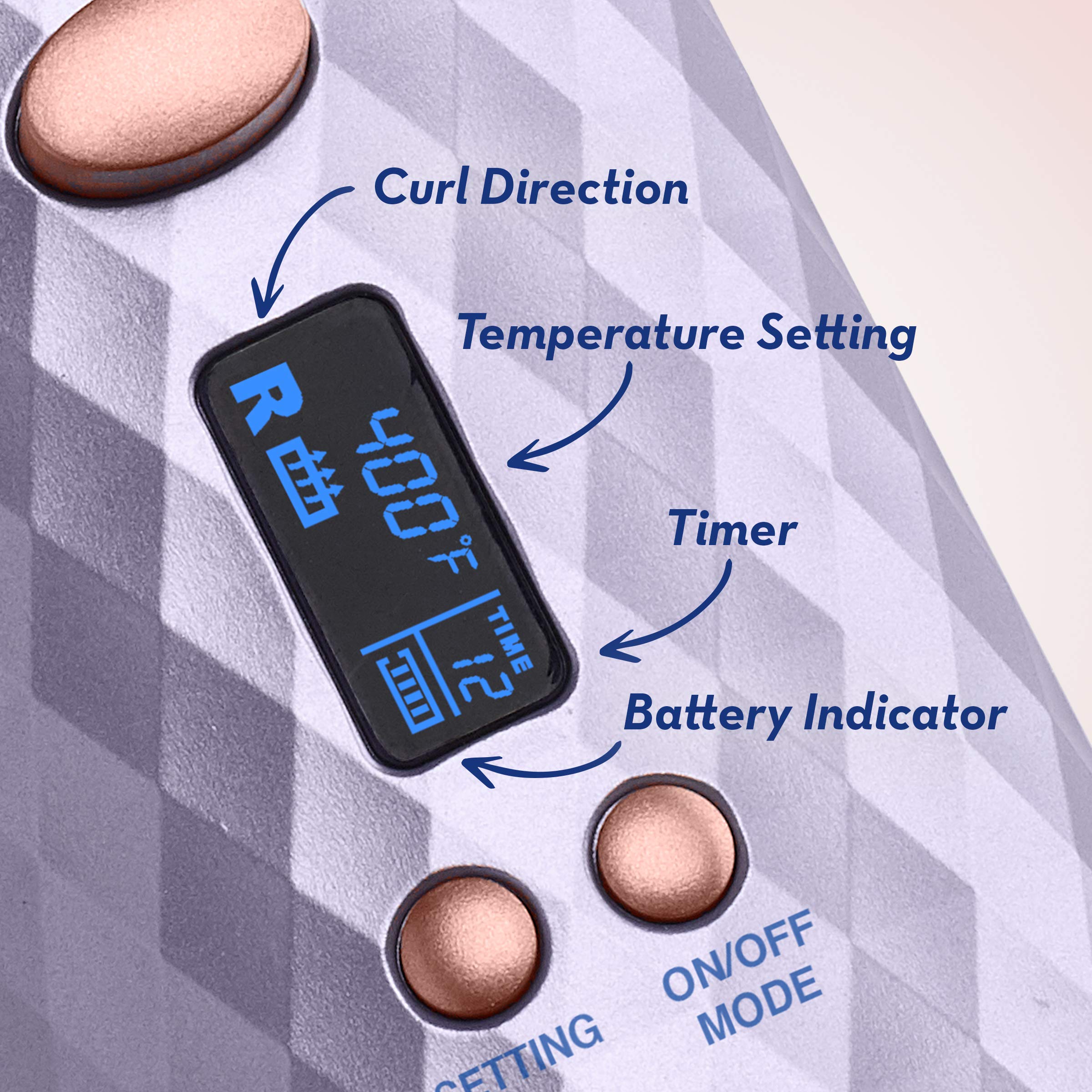 LCD display on the Conair Unbound curler shows heat, timer, and direction