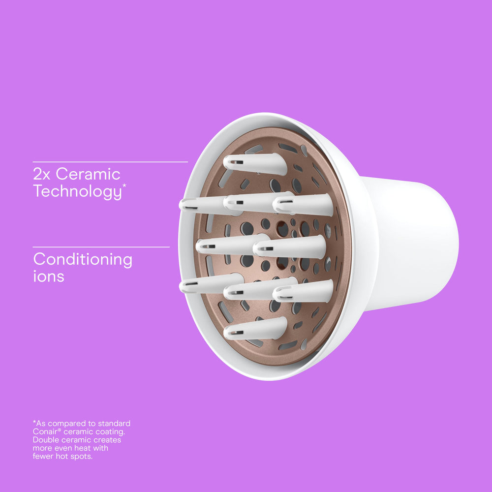 Conair universal diffuser with fingers elevating hair for smoother, frizz-controlled styling.