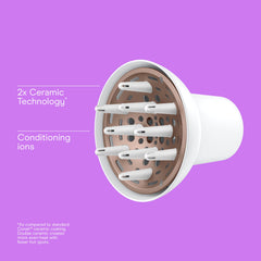 Conair universal diffuser with fingers elevating hair for smoother, frizz-controlled styling.