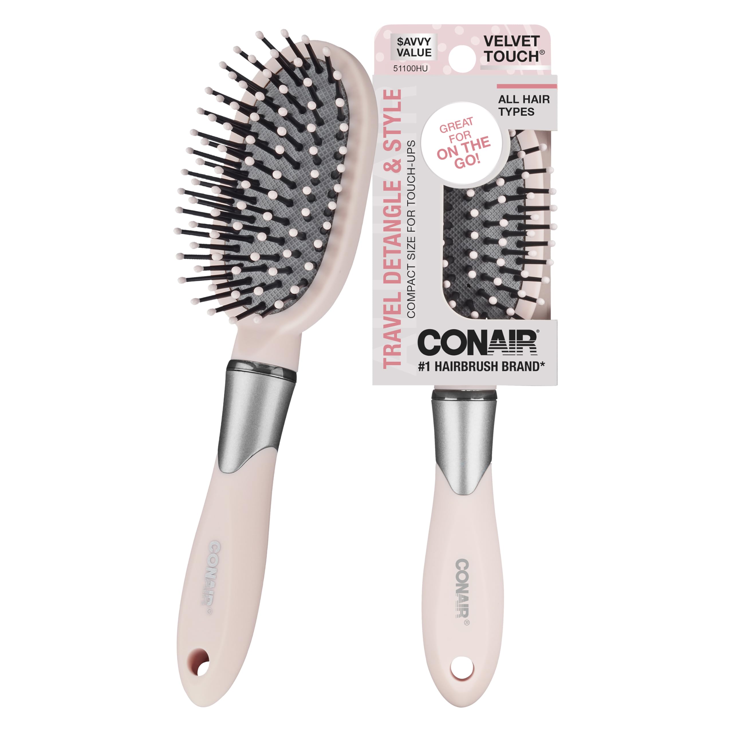 Conair Velvet Touch Cushion Brush close-up showing a flexible cushion for gentle detangling.