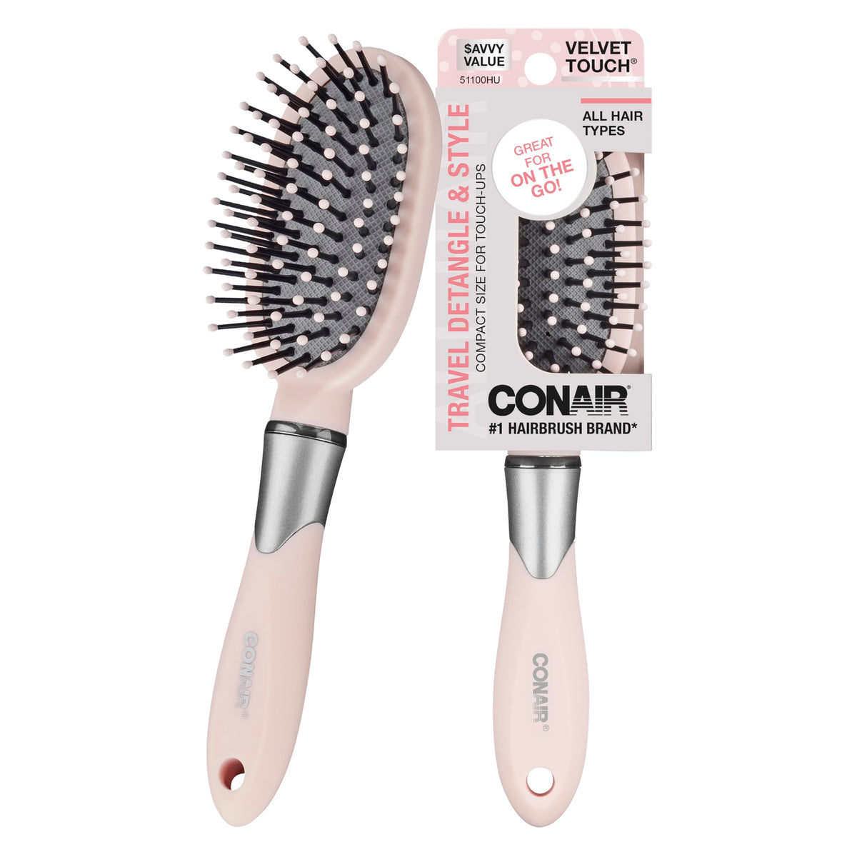 Conair Velvet Touch Cushion Brush close-up showing a flexible cushion for gentle detangling.