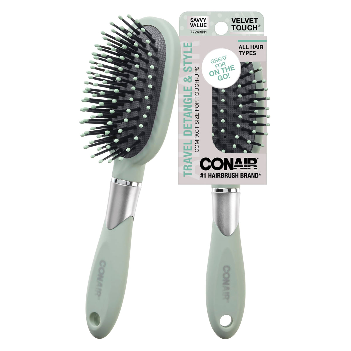 Conair Velvet Touch oval cushion brush in sage green for smooth detangling and comfortable styling.