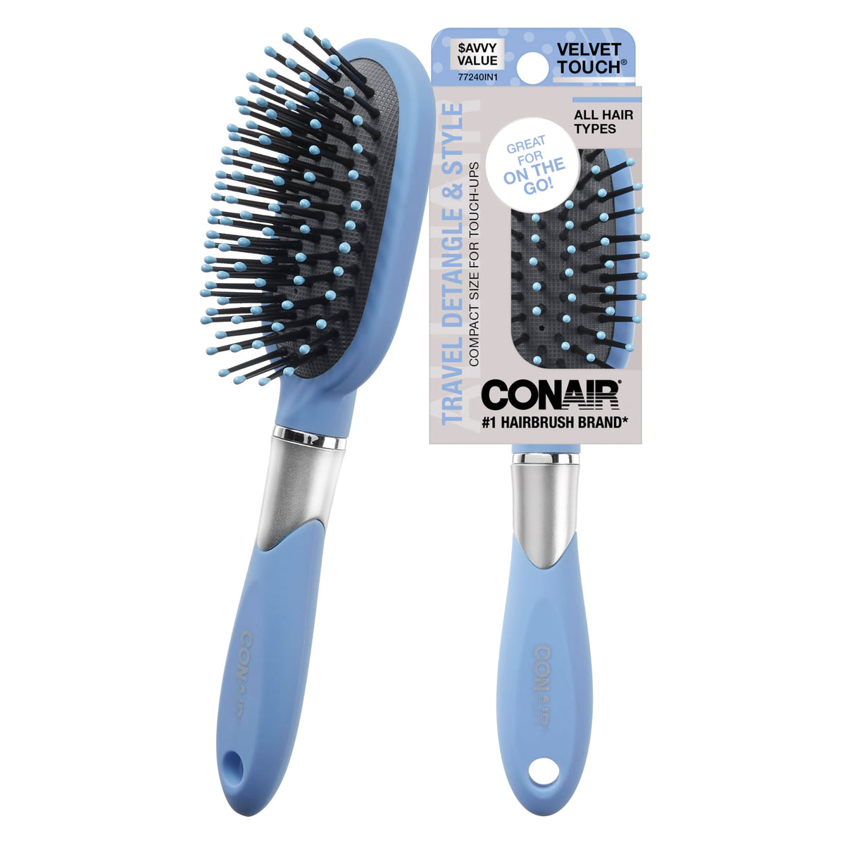 Conair Velvet Touch oval cushion brush with soft grip for gentle detangling