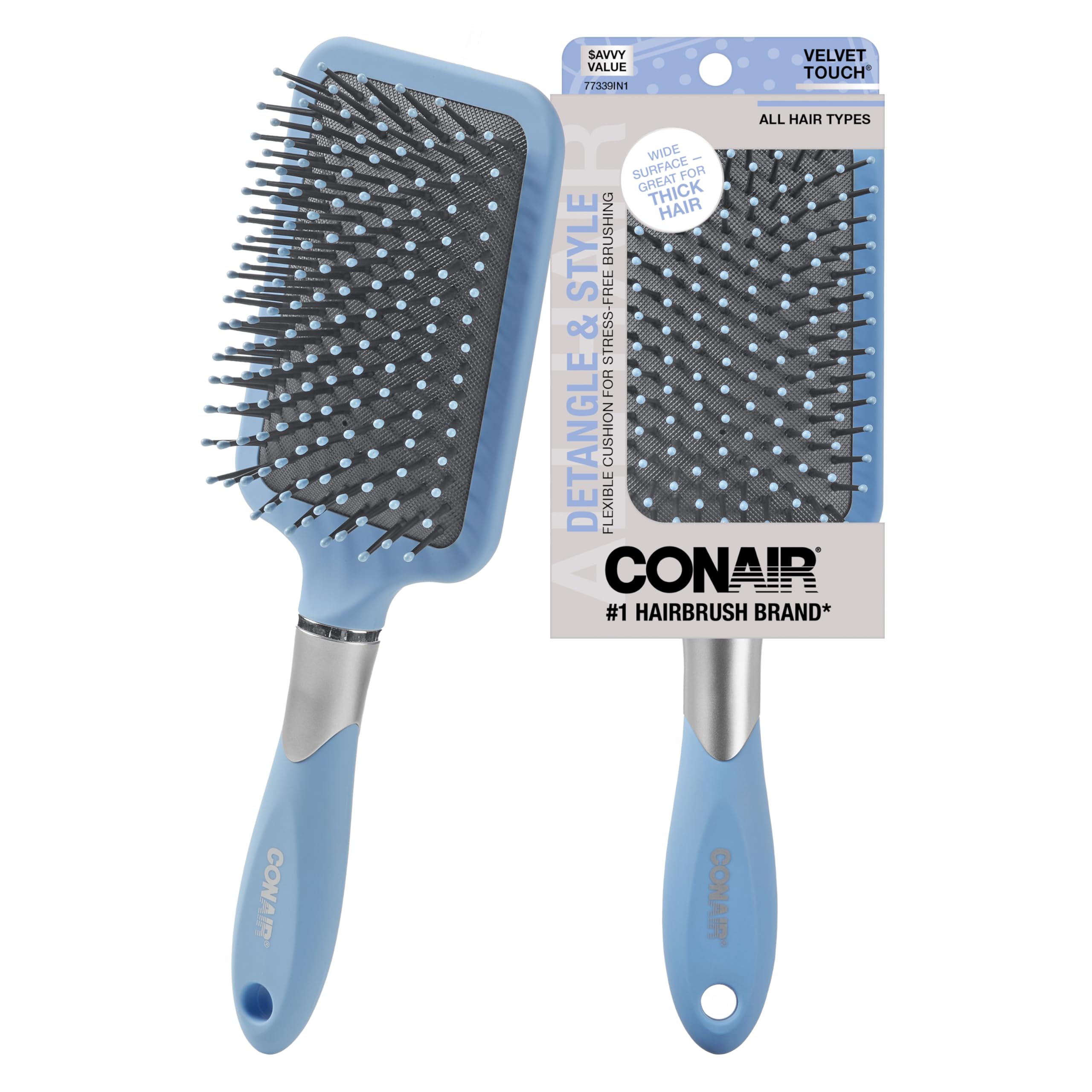 Conair Velvet Touch Paddle Brush in sky blue detangles thick hair gently