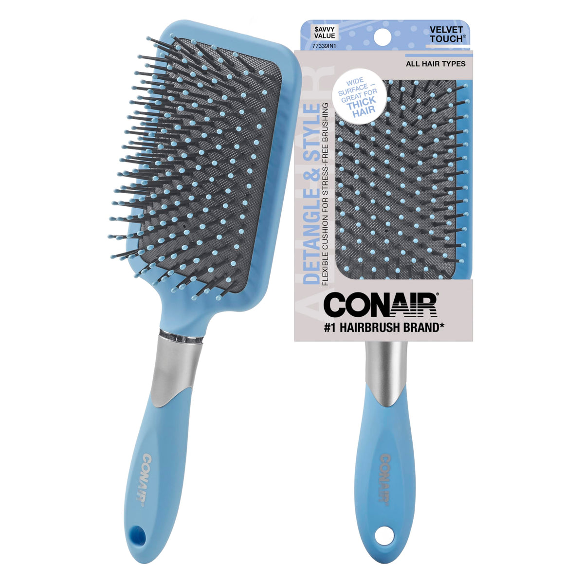 Conair Velvet Touch Paddle Brush in sky blue detangles thick hair gently
