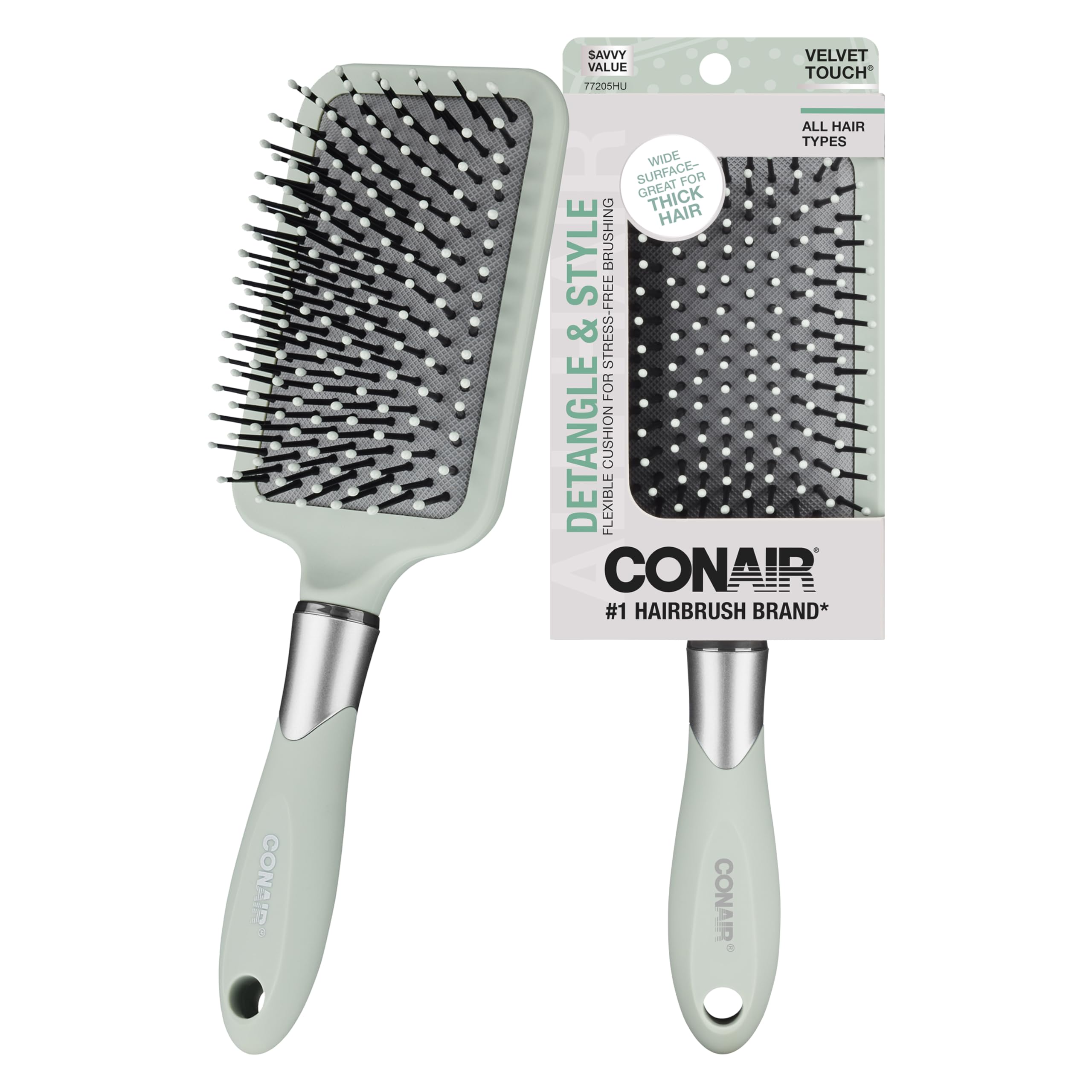 Conair Velvet Touch Paddle Brush with soft-handle for comfortable detangling.
