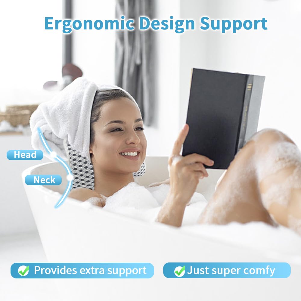Conbella tub pillow provides neck support for comfortable lounging.