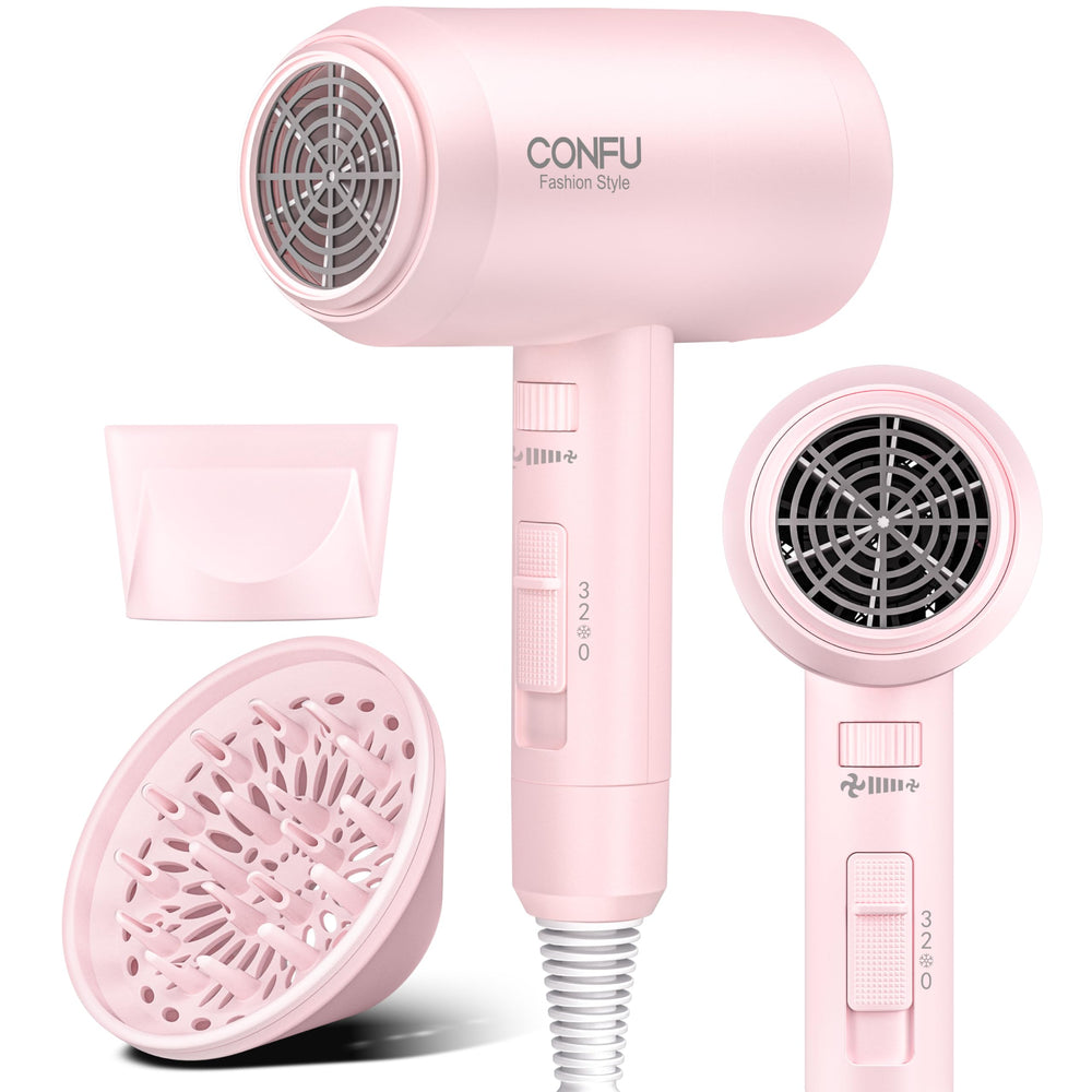 CONFU hair dryer with diffuser attachment for quicker drying and natural texture.