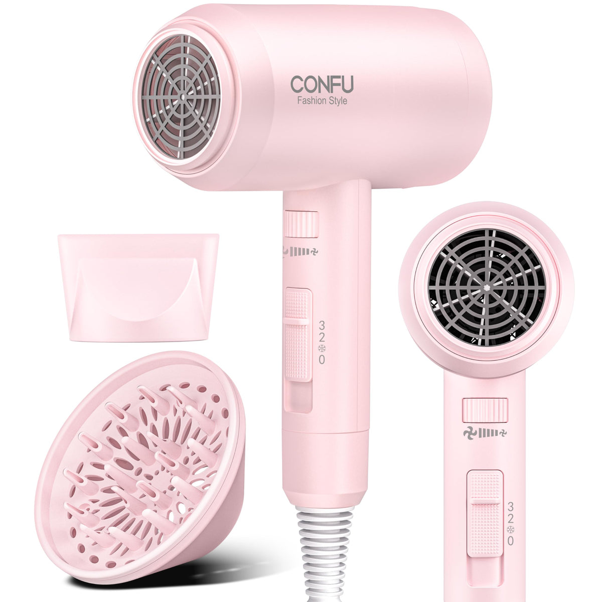 CONFU hair dryer with diffuser attachment for quicker drying and natural texture.