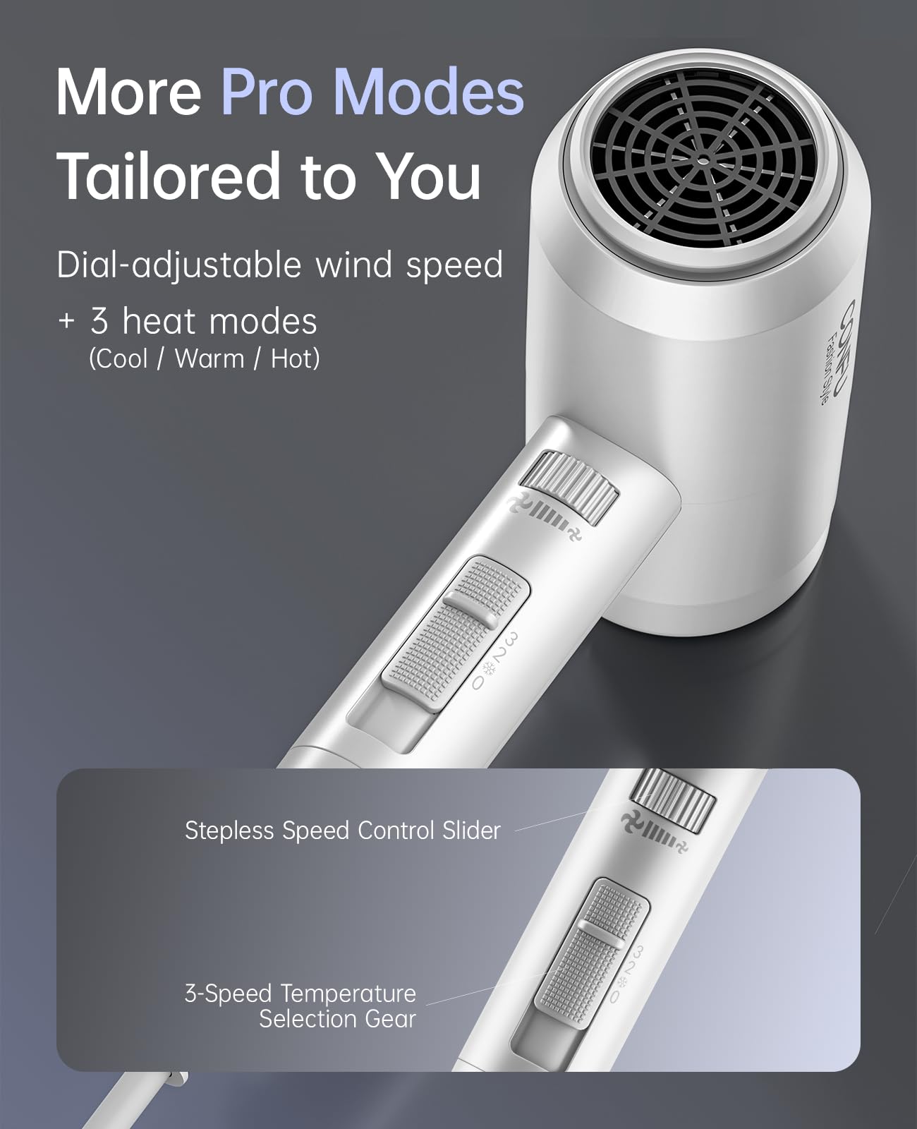 Cool warm hot settings on CONFU hair dryer for different styles