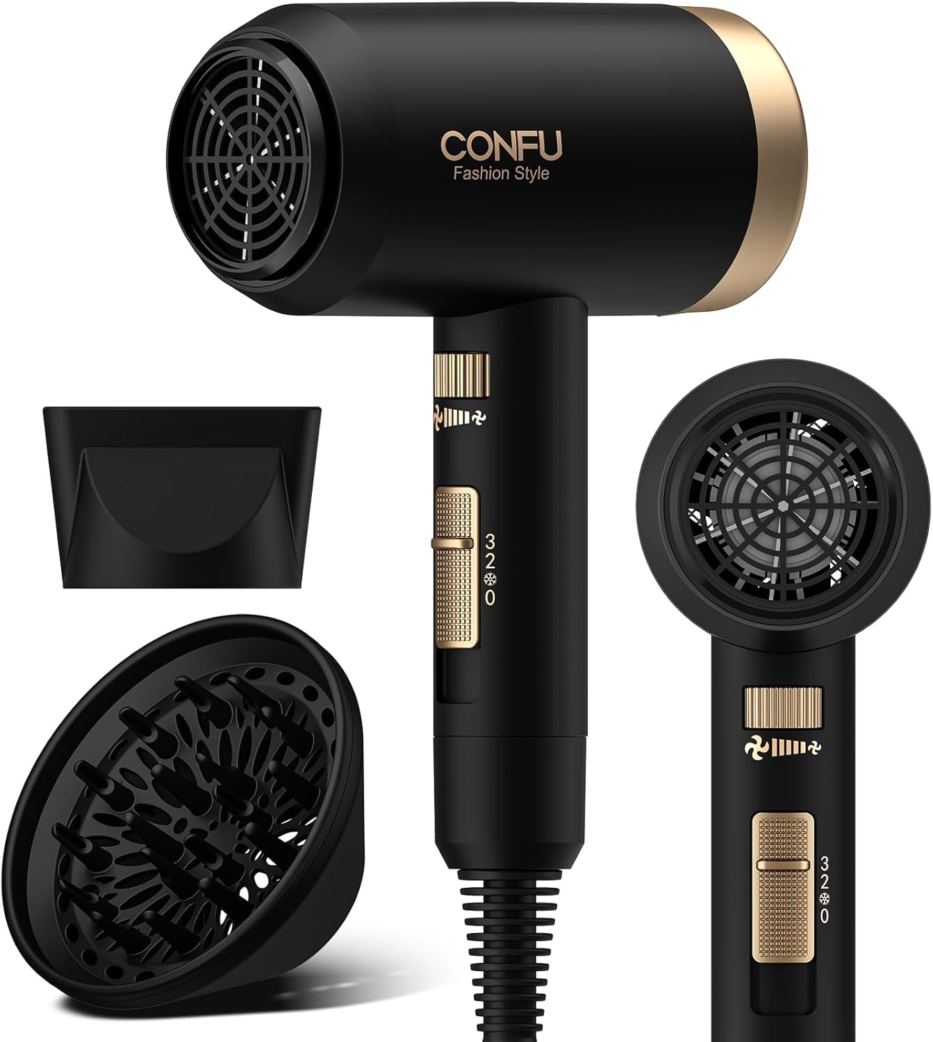 CONFU Hair Dryer with diffuser front view, highlighting fast drying power