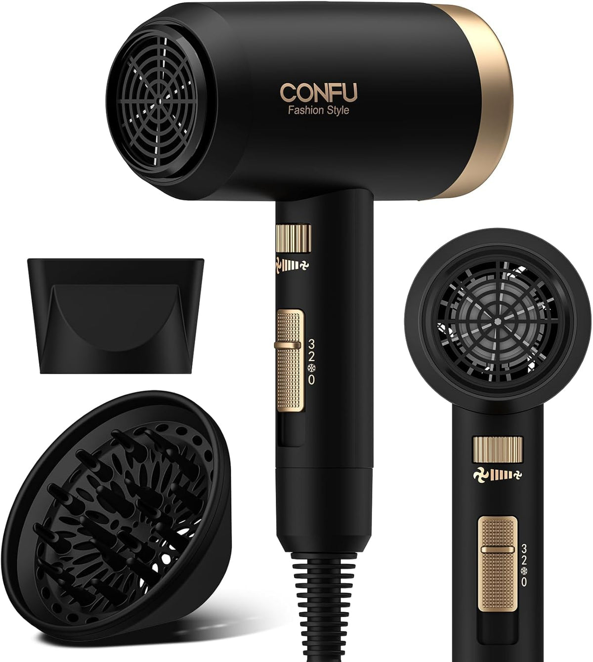 CONFU Hair Dryer with diffuser front view, highlighting fast drying power