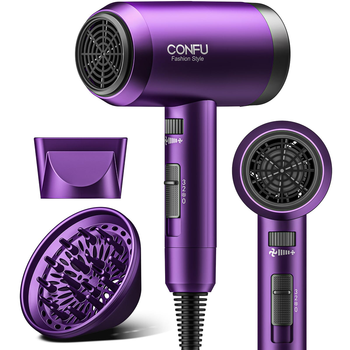 CONFU hair dryer diffuser attachment enhances natural curls and even drying.