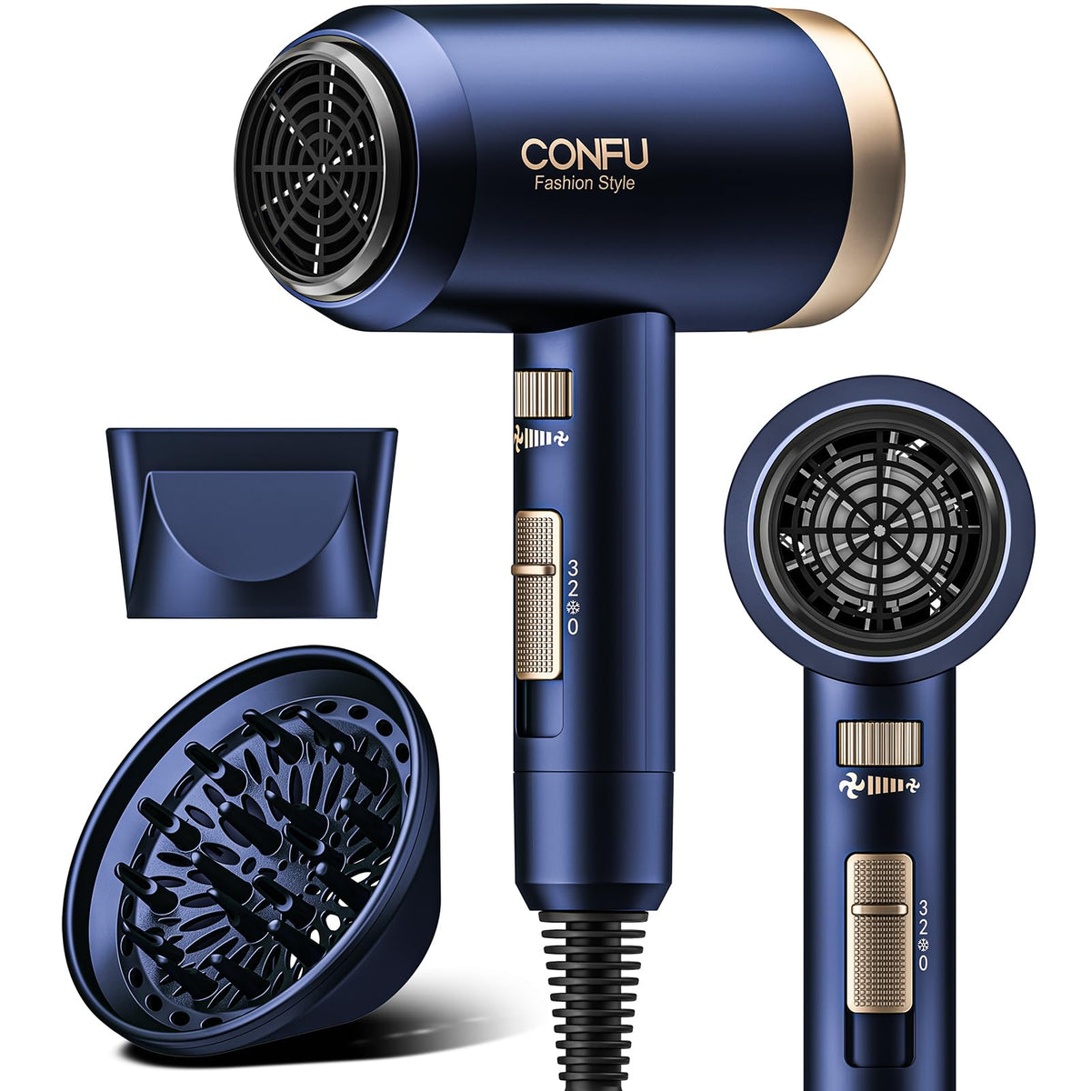CONFU hair dryer front view for fast, even drying at home.